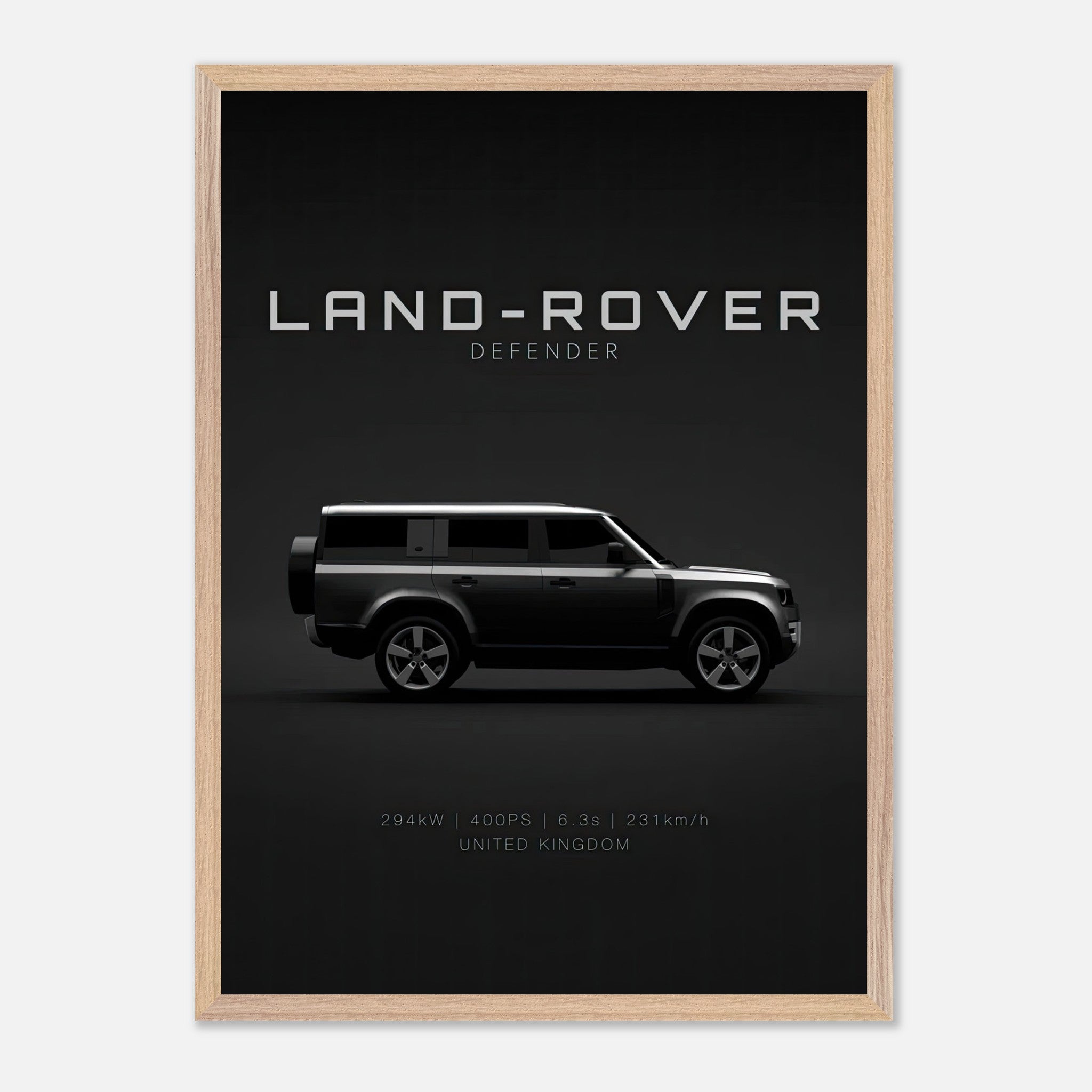 Vintage framed art of Land Rover Defender showcasing its iconic silhouette against a black background.
