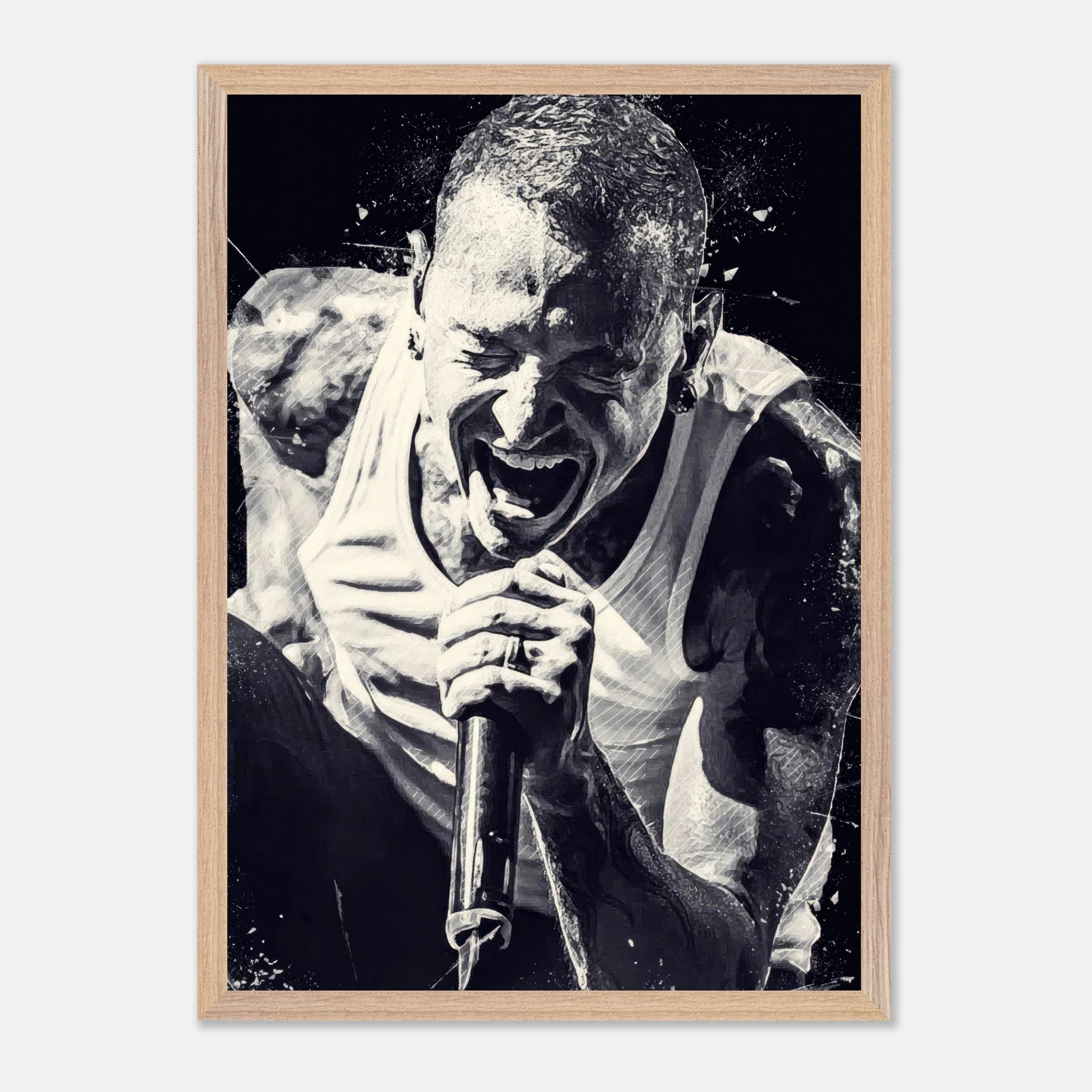 Chester Bennington vintage framed print showcasing intense performance in black-and-white, perfect for music lovers.