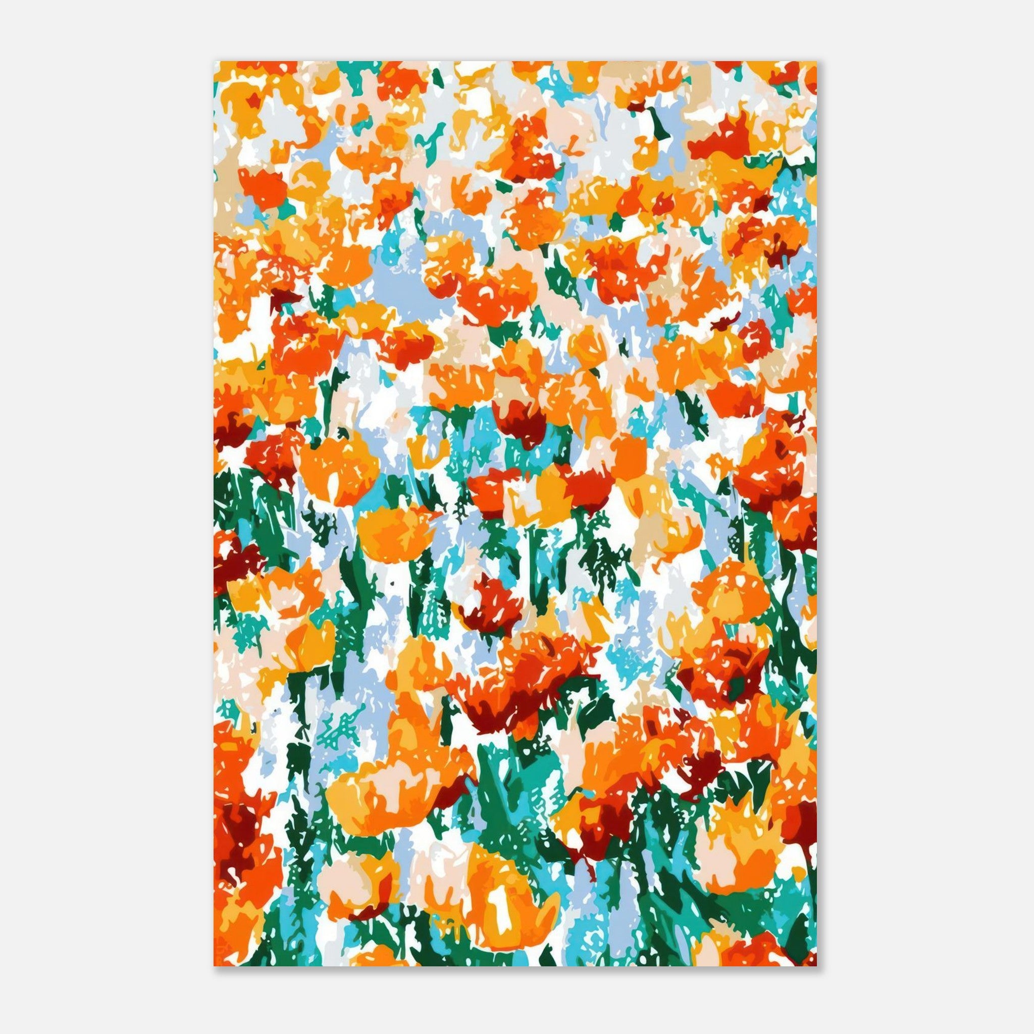 Vibrant abstract floral artwork featuring orange and yellow tulips on a cool background. Perfect for home decor.