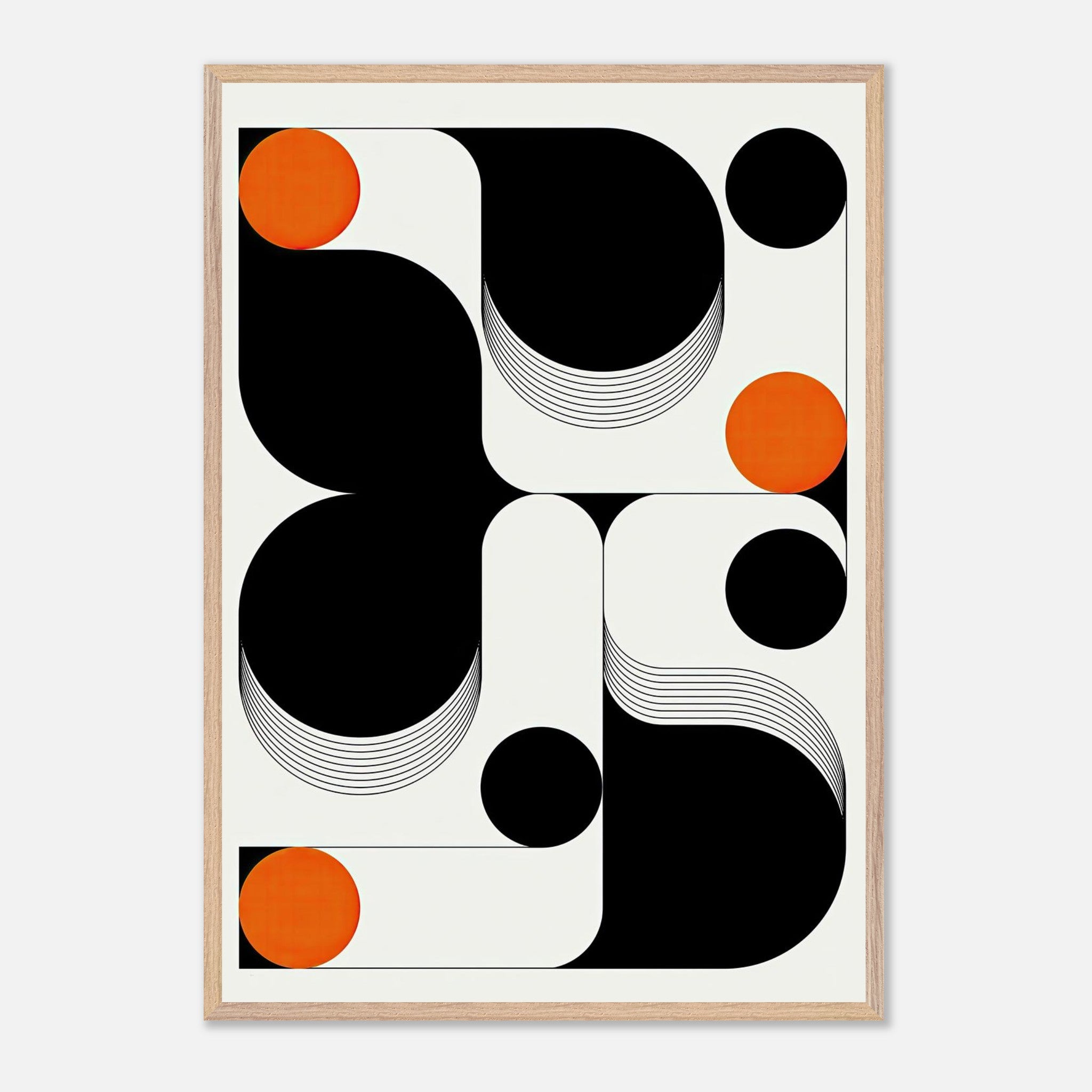 Modern geometric abstract art print with black shapes and vibrant orange circles in a vintage frame.