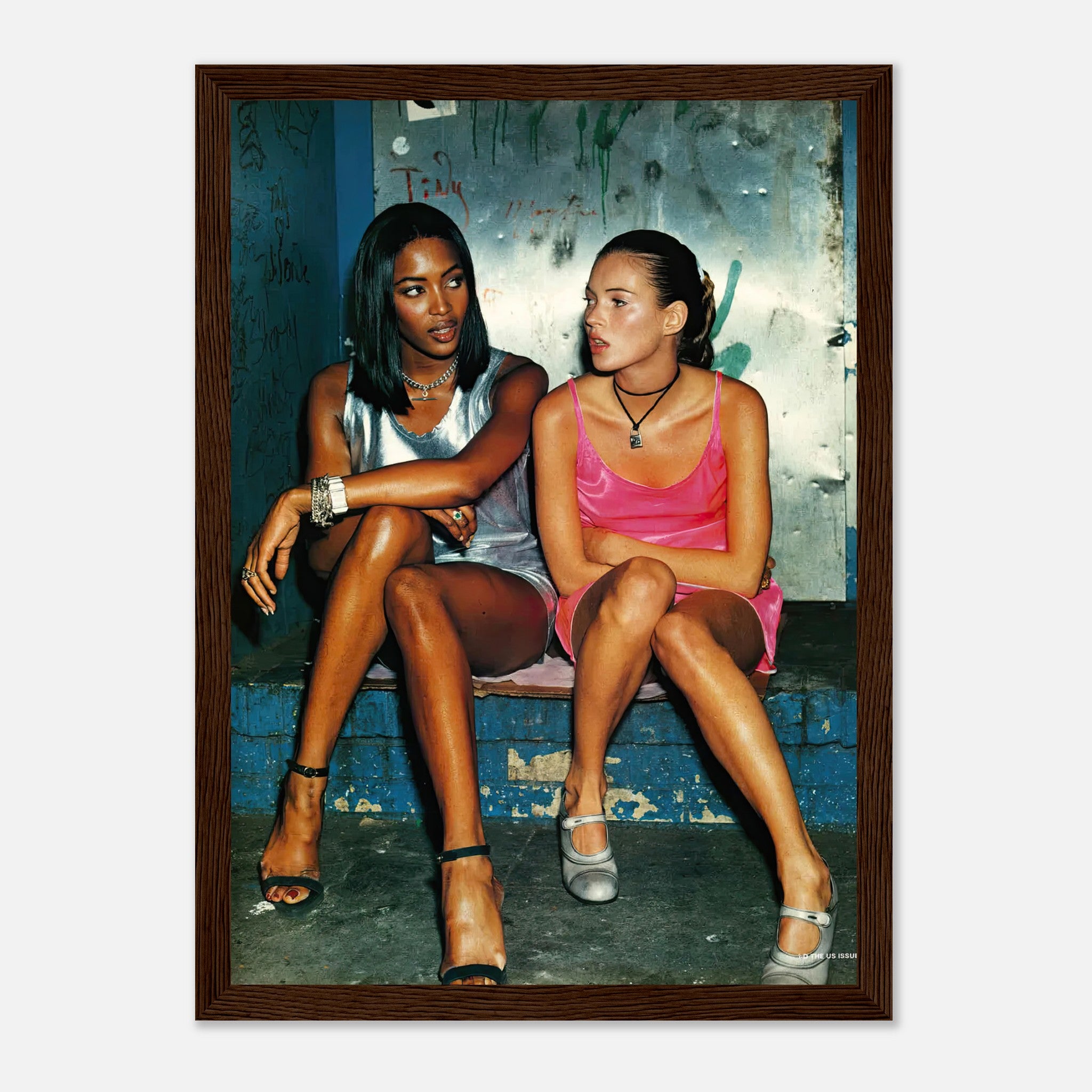 Naomi Campbell and Kate Moss framed print celebrating 90s fashion with legendary supermodels exuding timeless style.