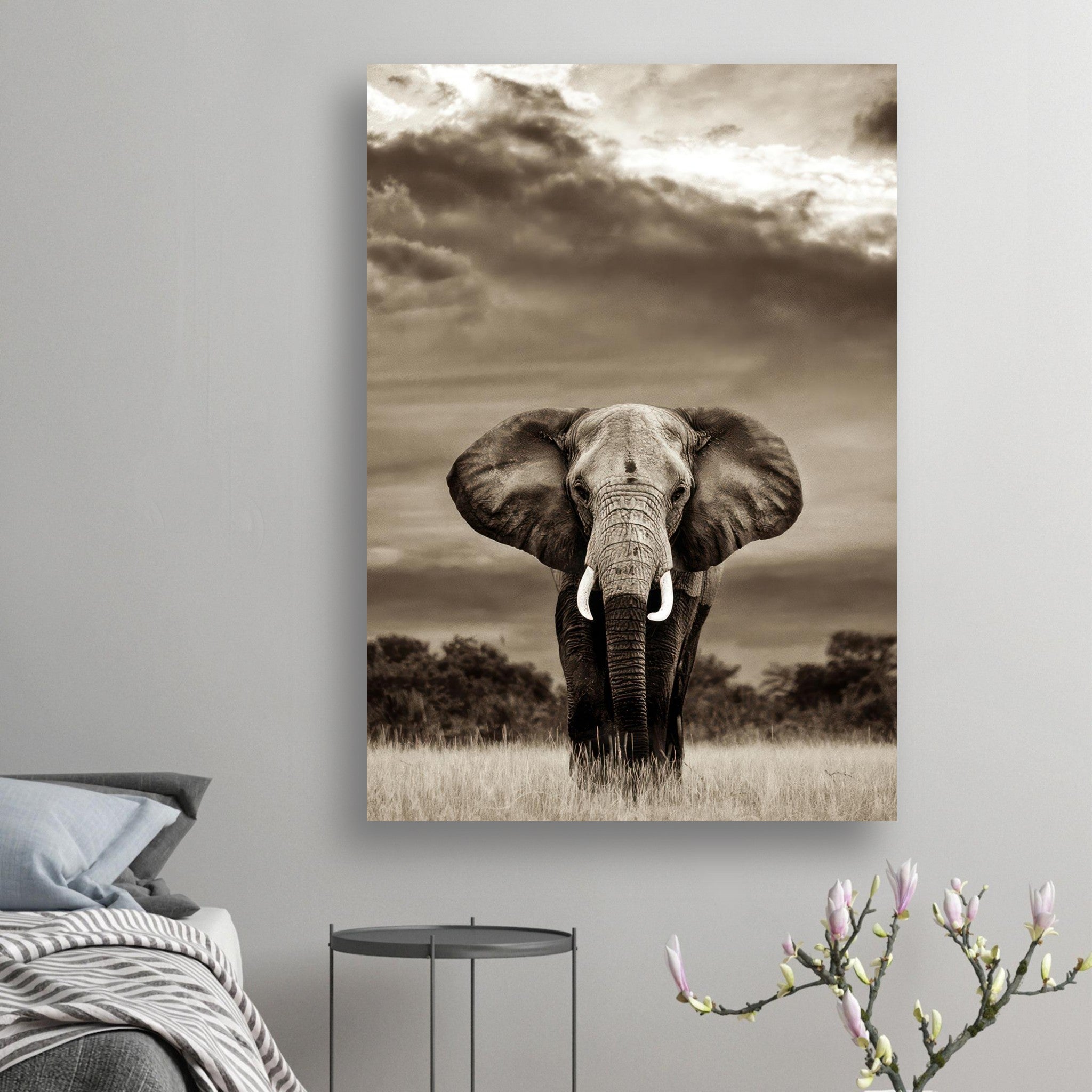 Monochrome elephant portrait photography poster showcasing the majestic creature in a serene landscape.