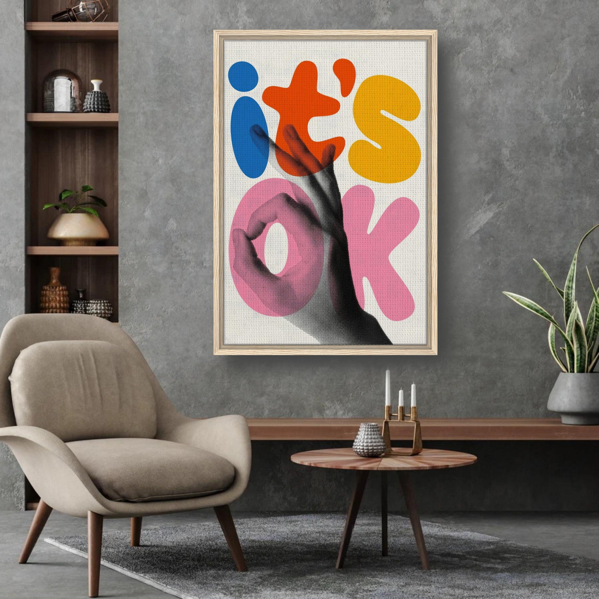 Framed Retro Abstract Pop Art print featuring vibrant 'it's OK' typography and hand gesture in a stylish interior.