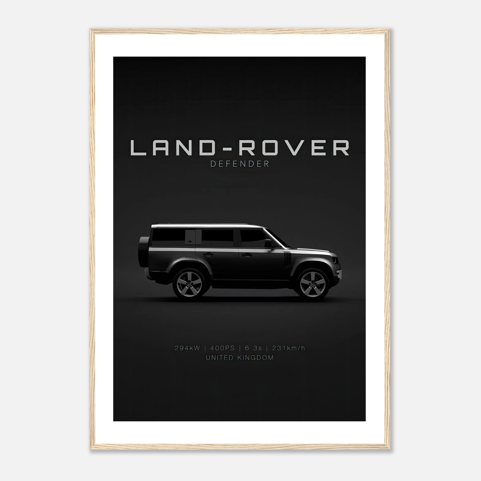 Framed print of the Land Rover Defender showcasing its sleek side profile and design features.