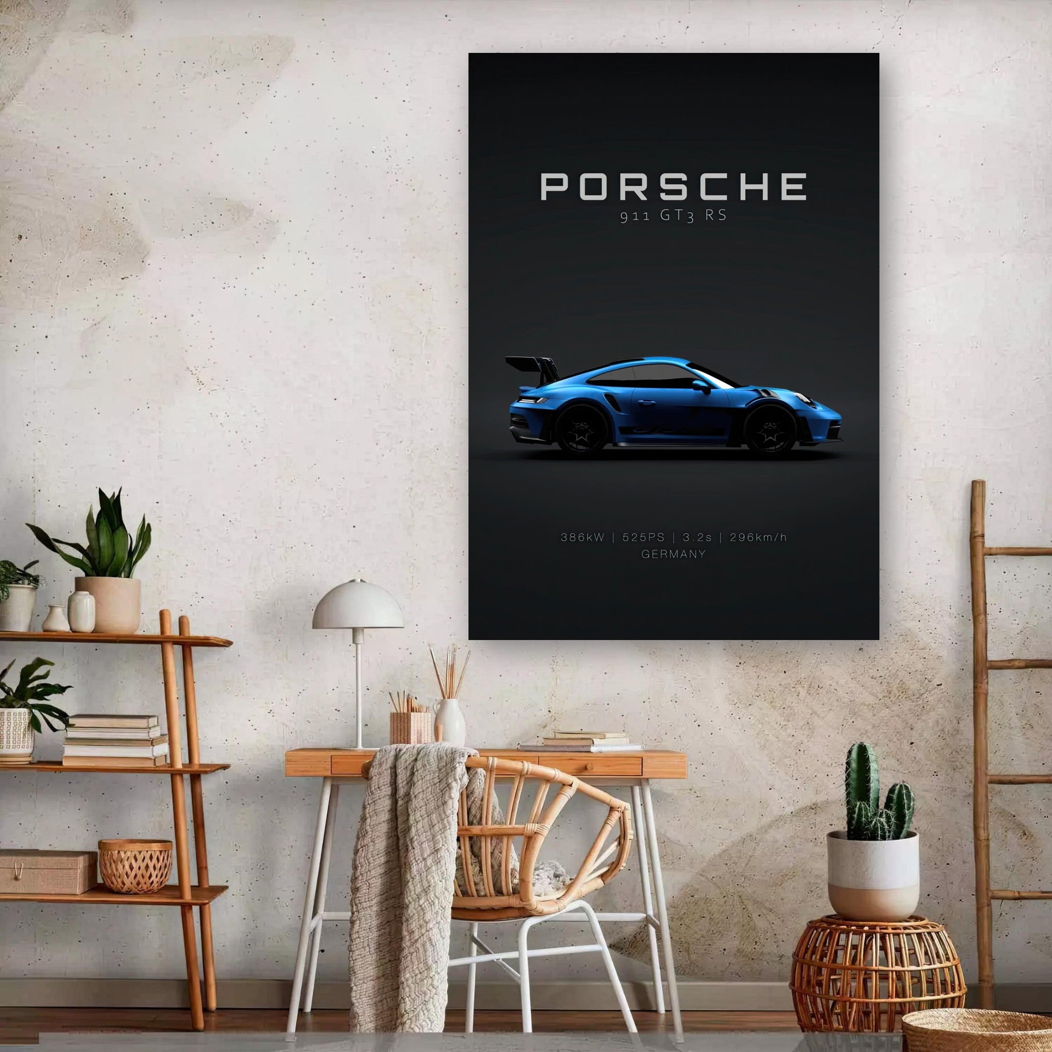 Porsche 911 GT3 RS metal print showcasing a blue sports car against a minimalistic dark background in modern decor.