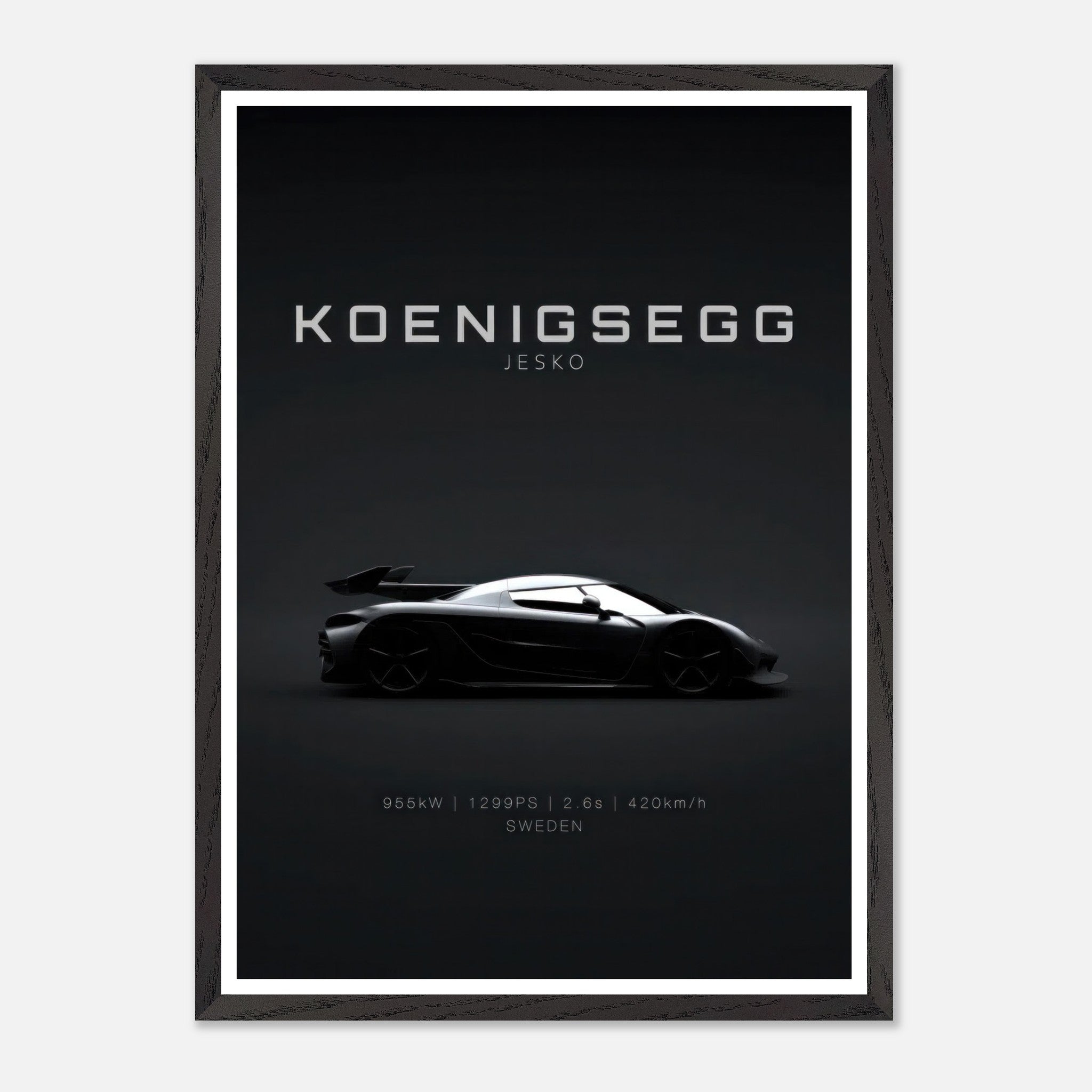 Koenigsegg Jesko vintage framed art showcasing the sleek hypercar profile against a minimalist black background.