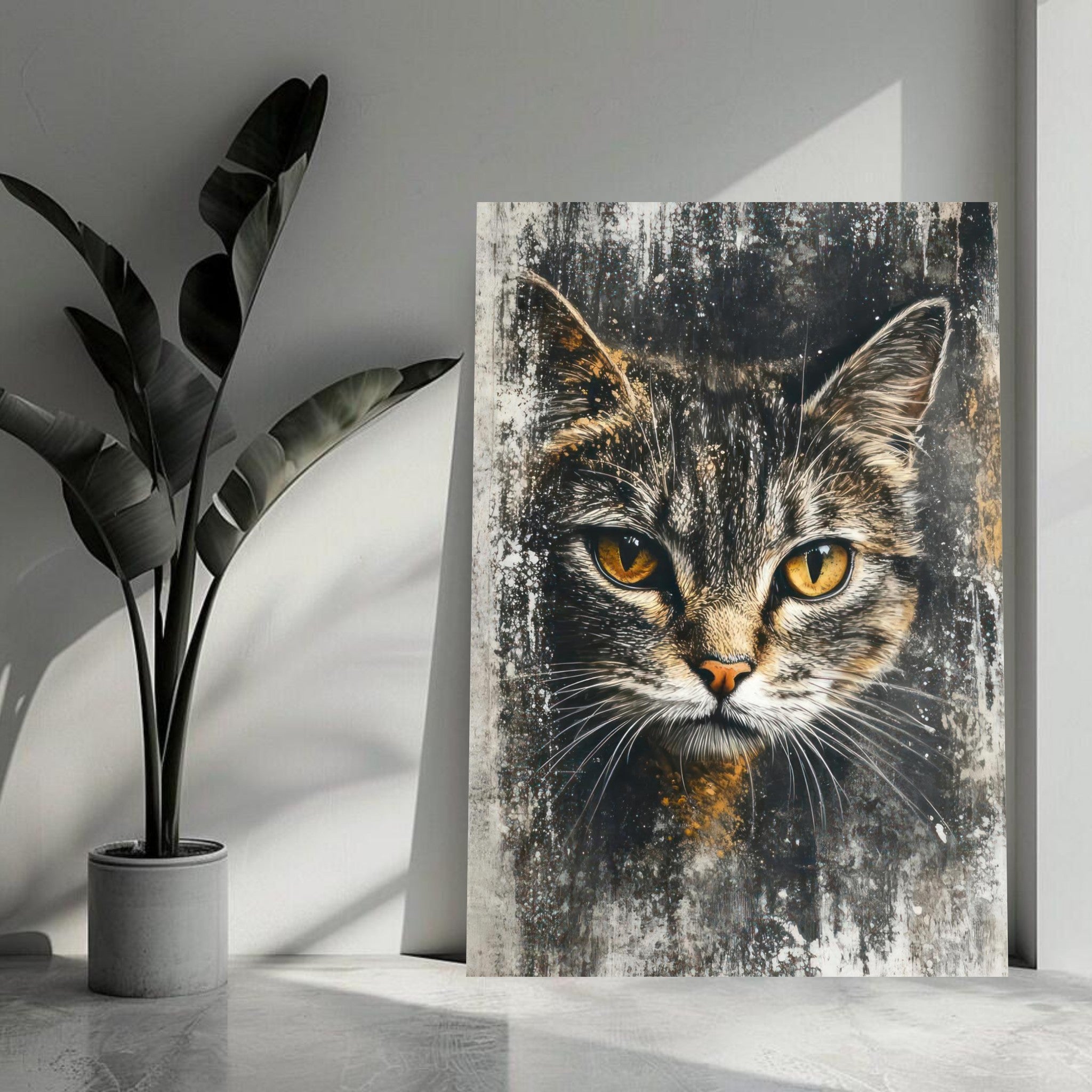 Stunning cat painting artwork metal print featuring a detailed cat portrait with golden eyes, perfect for modern decor.