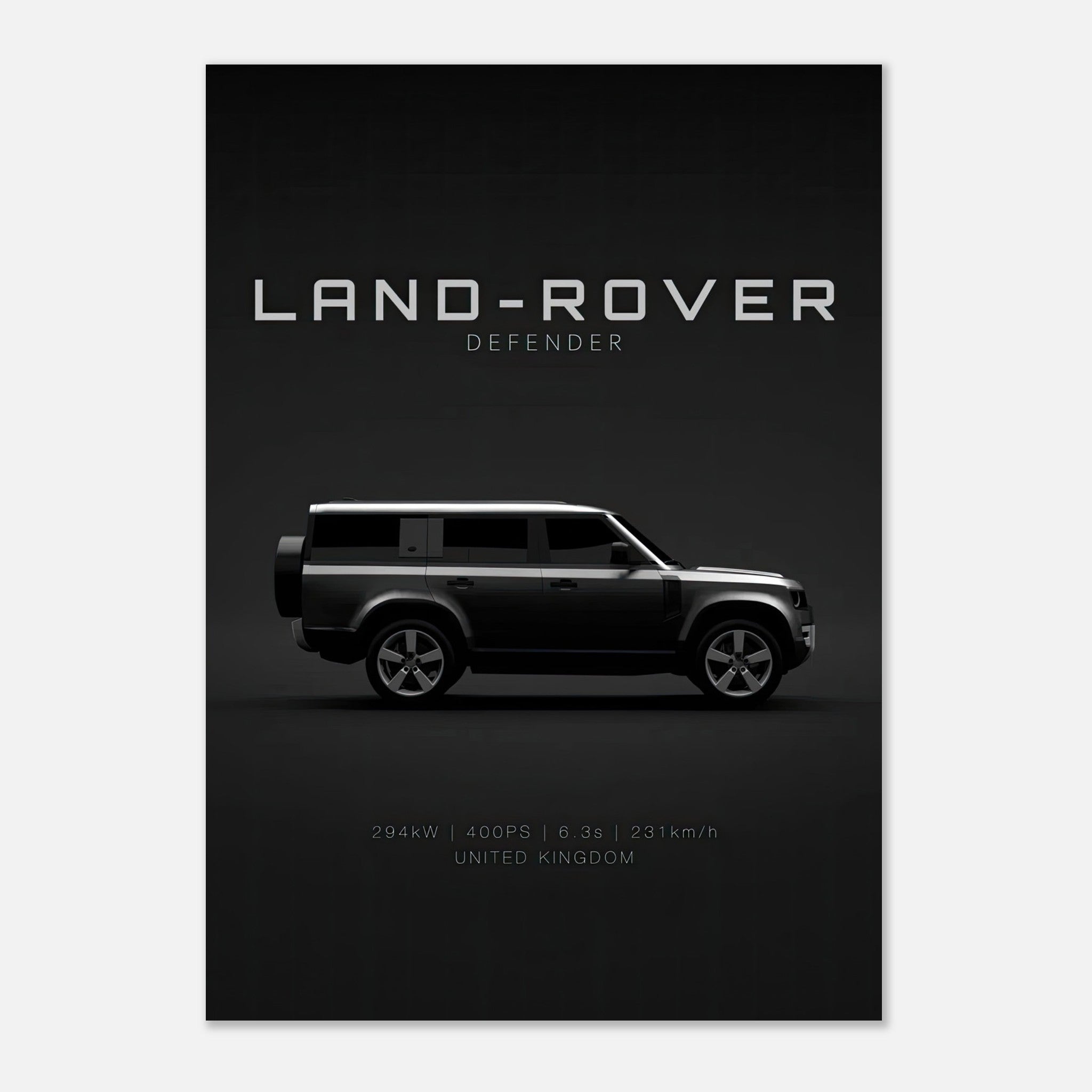 Land Rover Defender poster showcasing the vehicle in a sleek design against a dark backdrop.
