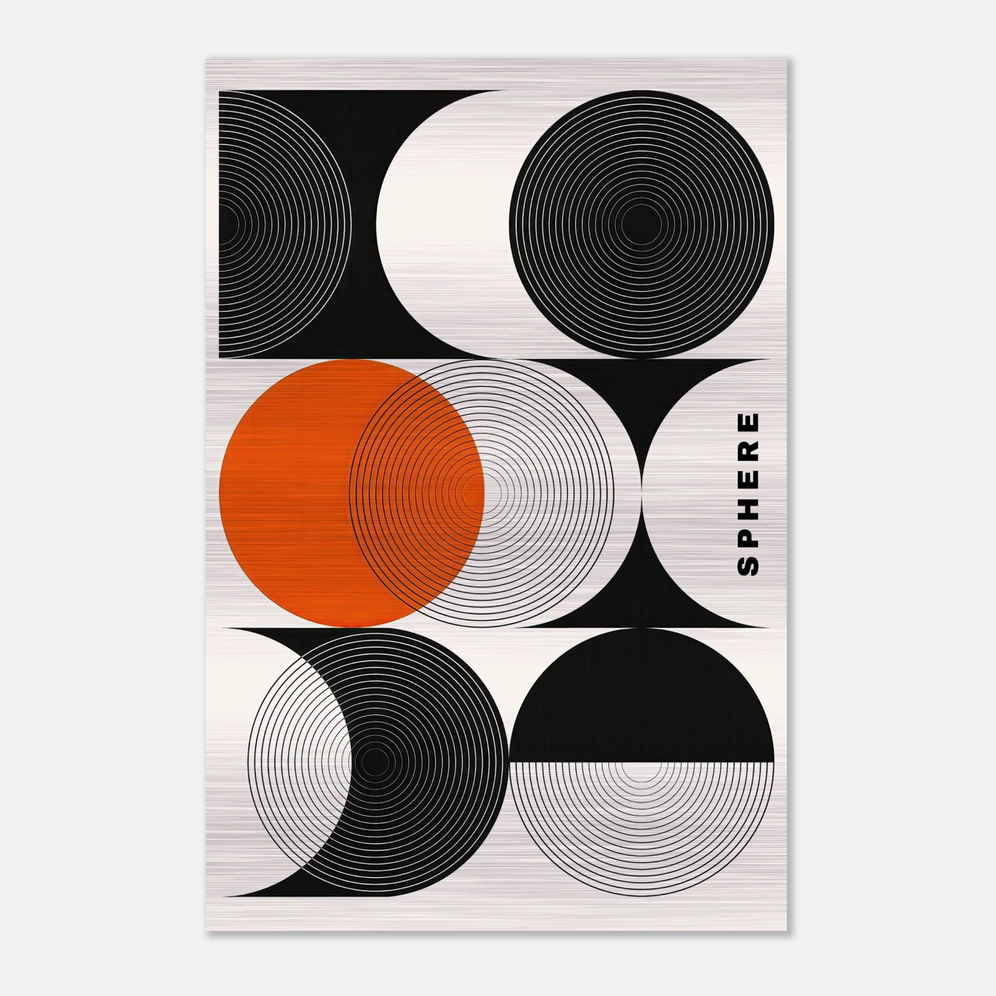 Abstract geometric sphere art print featuring black, white, and orange circular patterns on brushed metal.