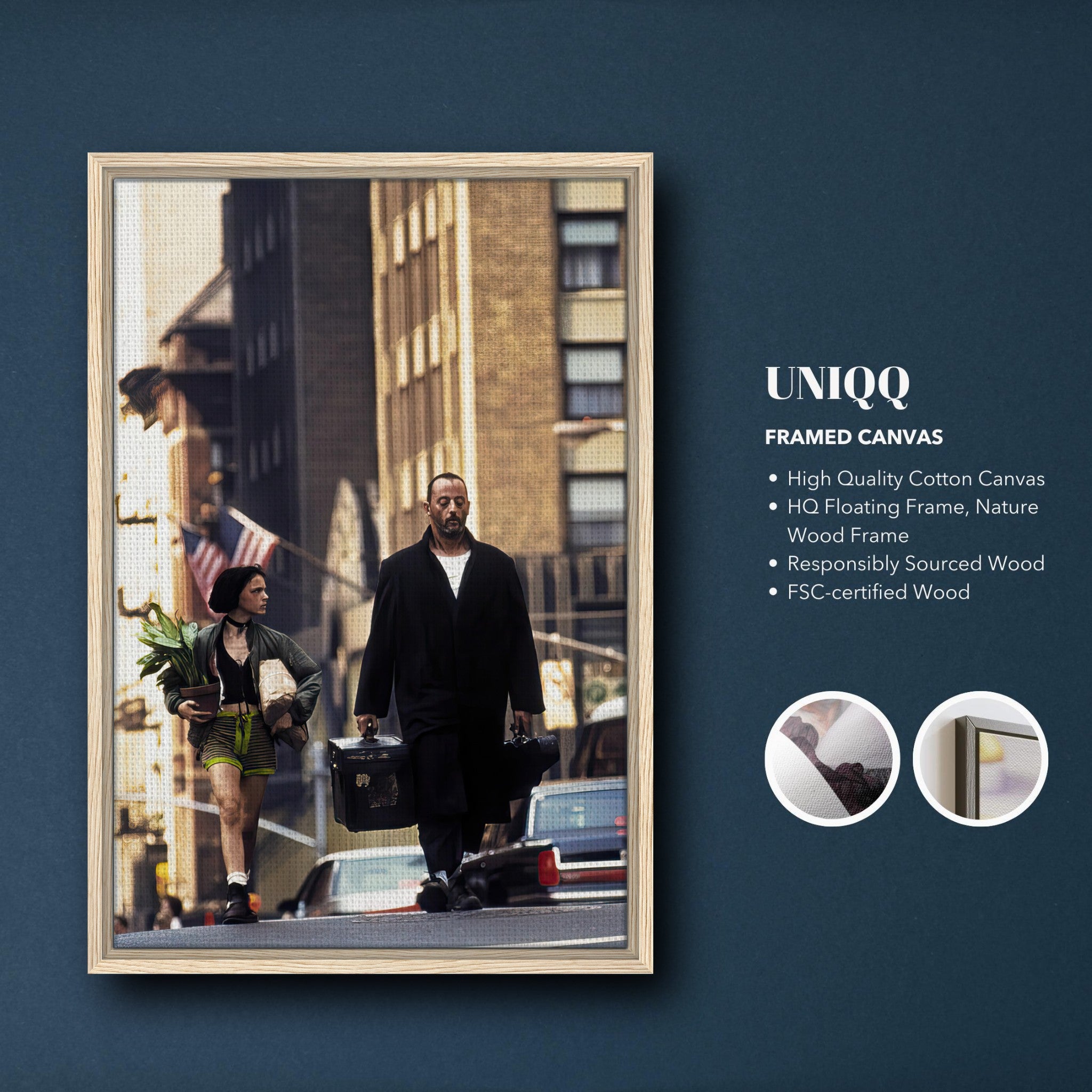 Framed canvas print of Jean Reno and Natalie Portman walking in *Leon: The Professional*, showcasing cinematic art.