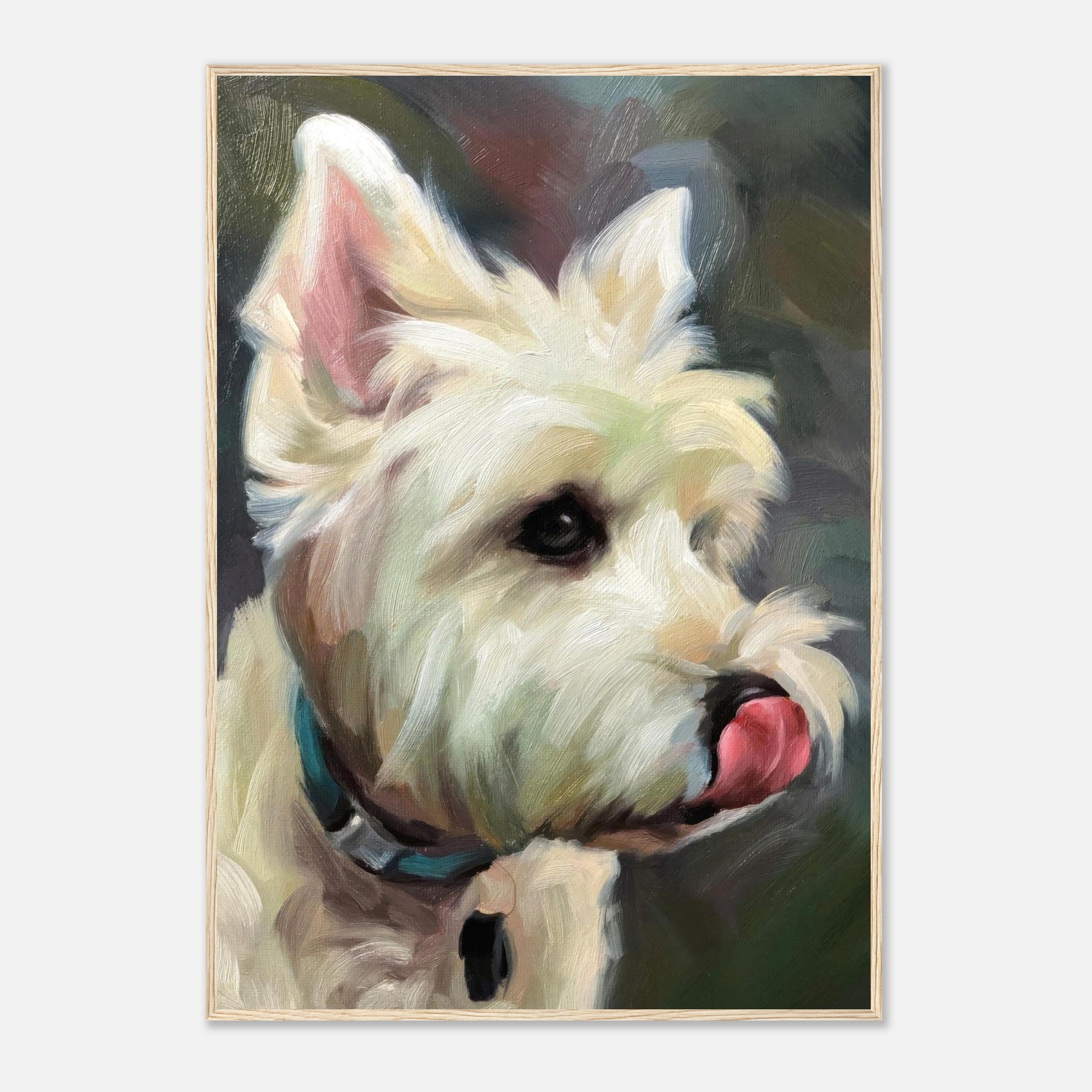Framed print of a Westie dog painting, showcasing expressive features and lively personality.