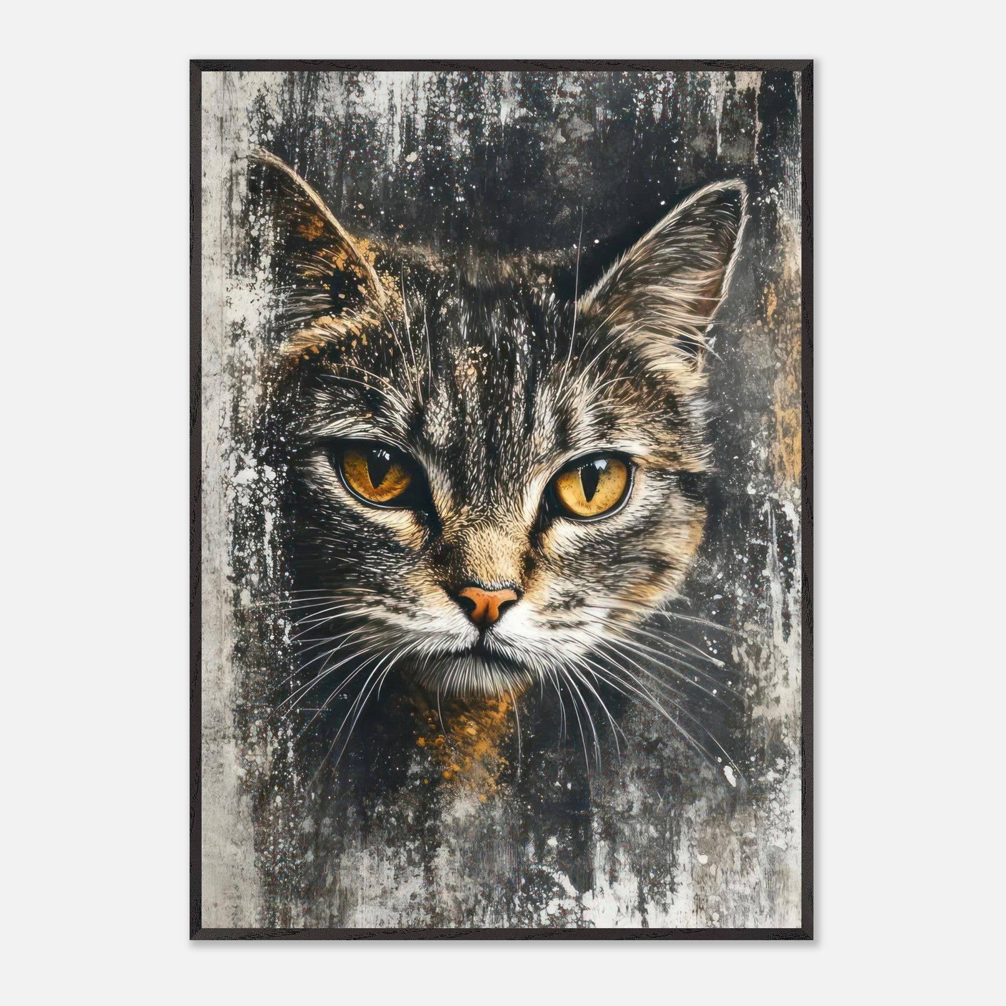 Cat painting artwork featuring a majestic feline with golden eyes and a textured background, museum-quality fine art.