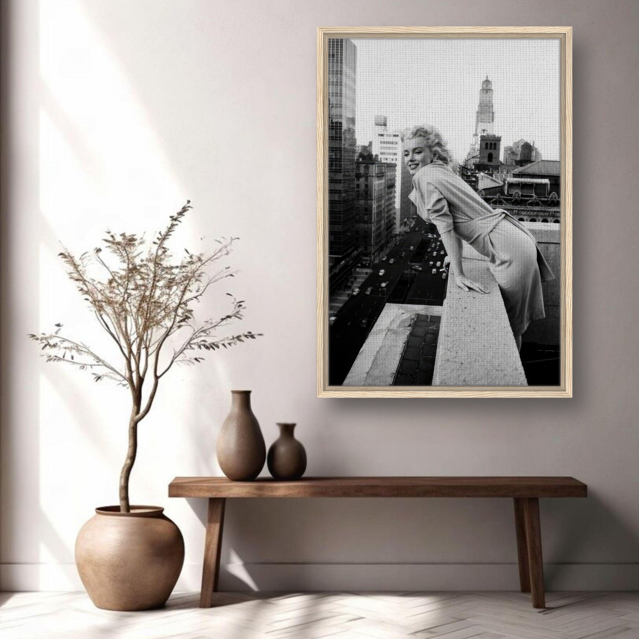 Black-and-white canvas of Marilyn Monroe on a rooftop in New York, framed elegantly, showcasing classic Hollywood charm.