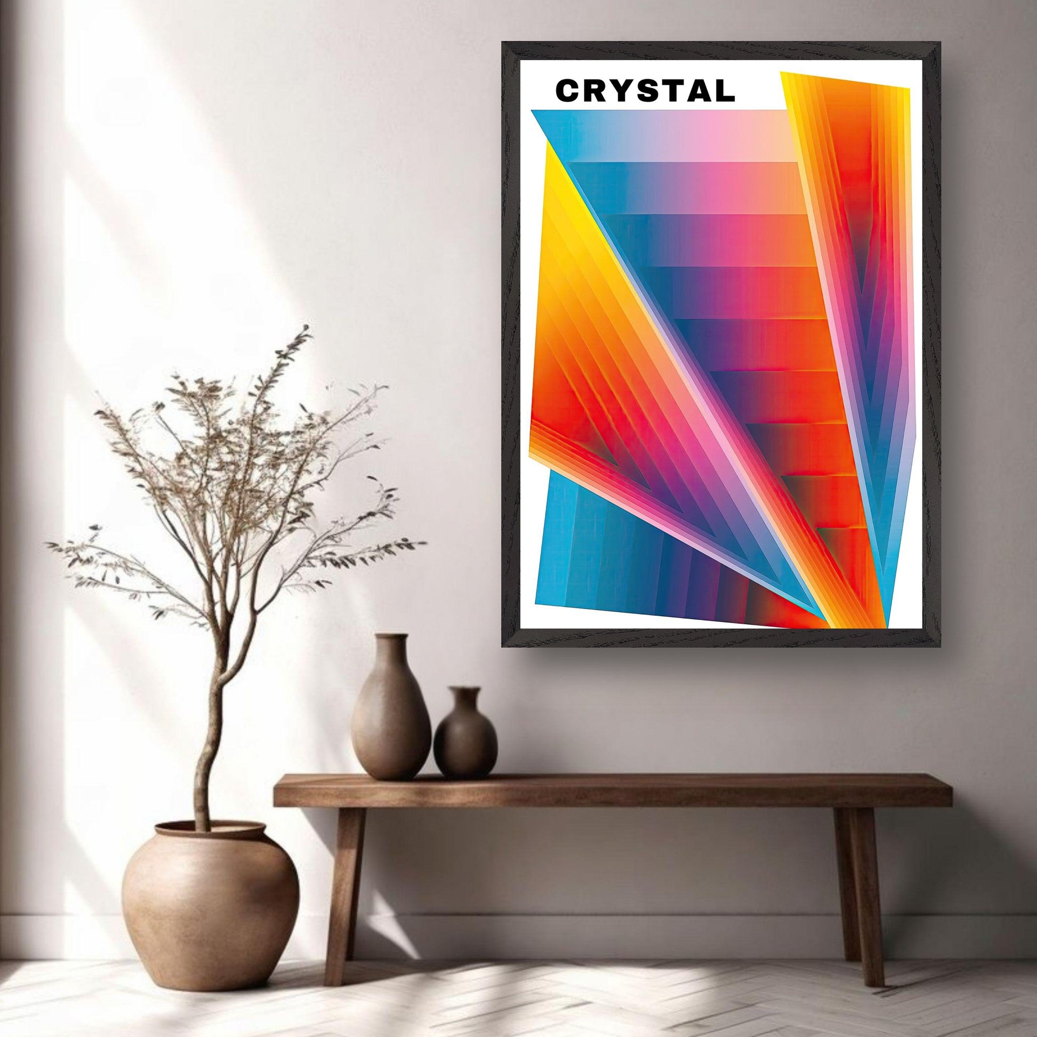 Crystal Abstract Art print showcasing vibrant colors and geometric design, perfect for enhancing modern interior spaces.