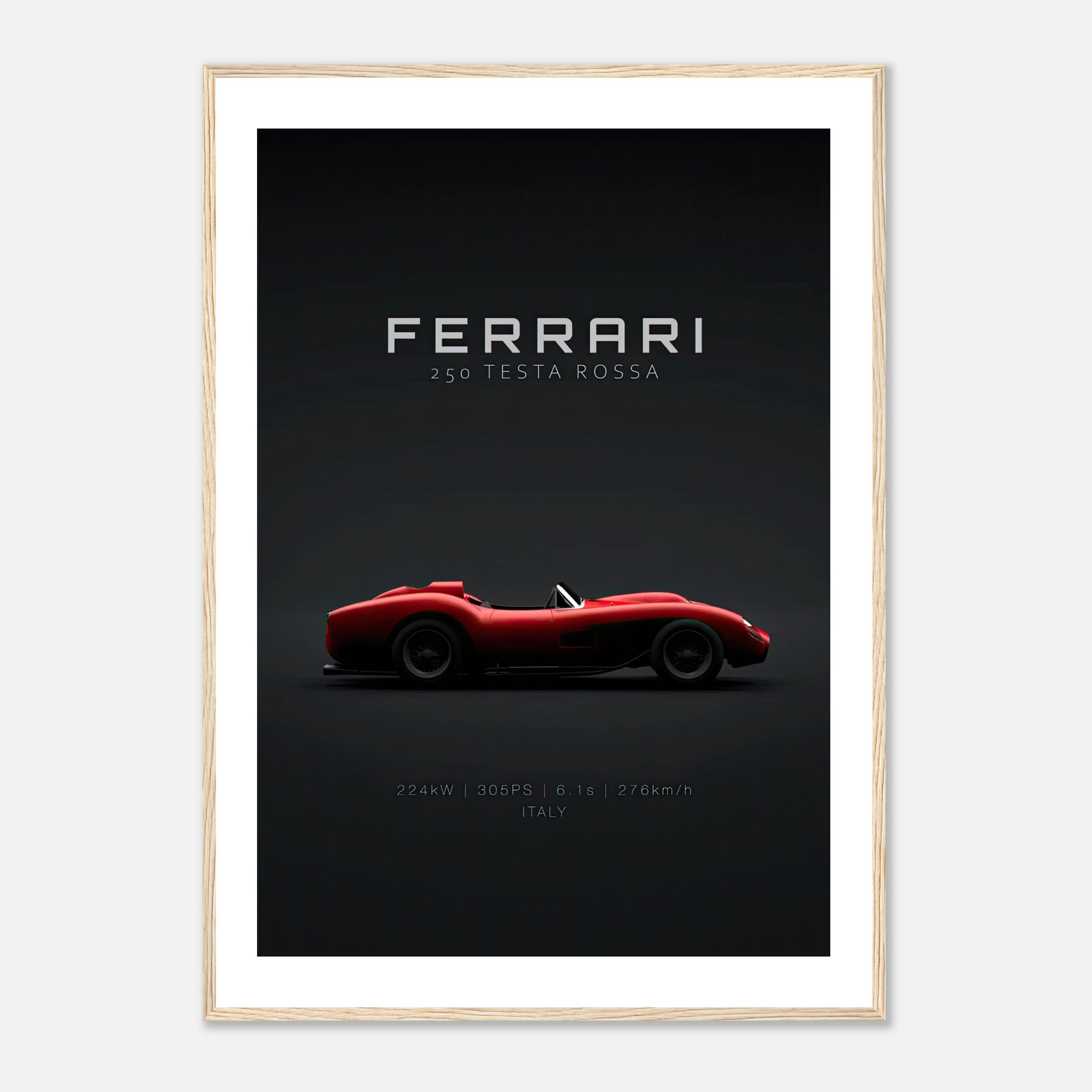 Ferrari 250 Testa Rossa framed poster showcasing classic car design on a minimalist black background.