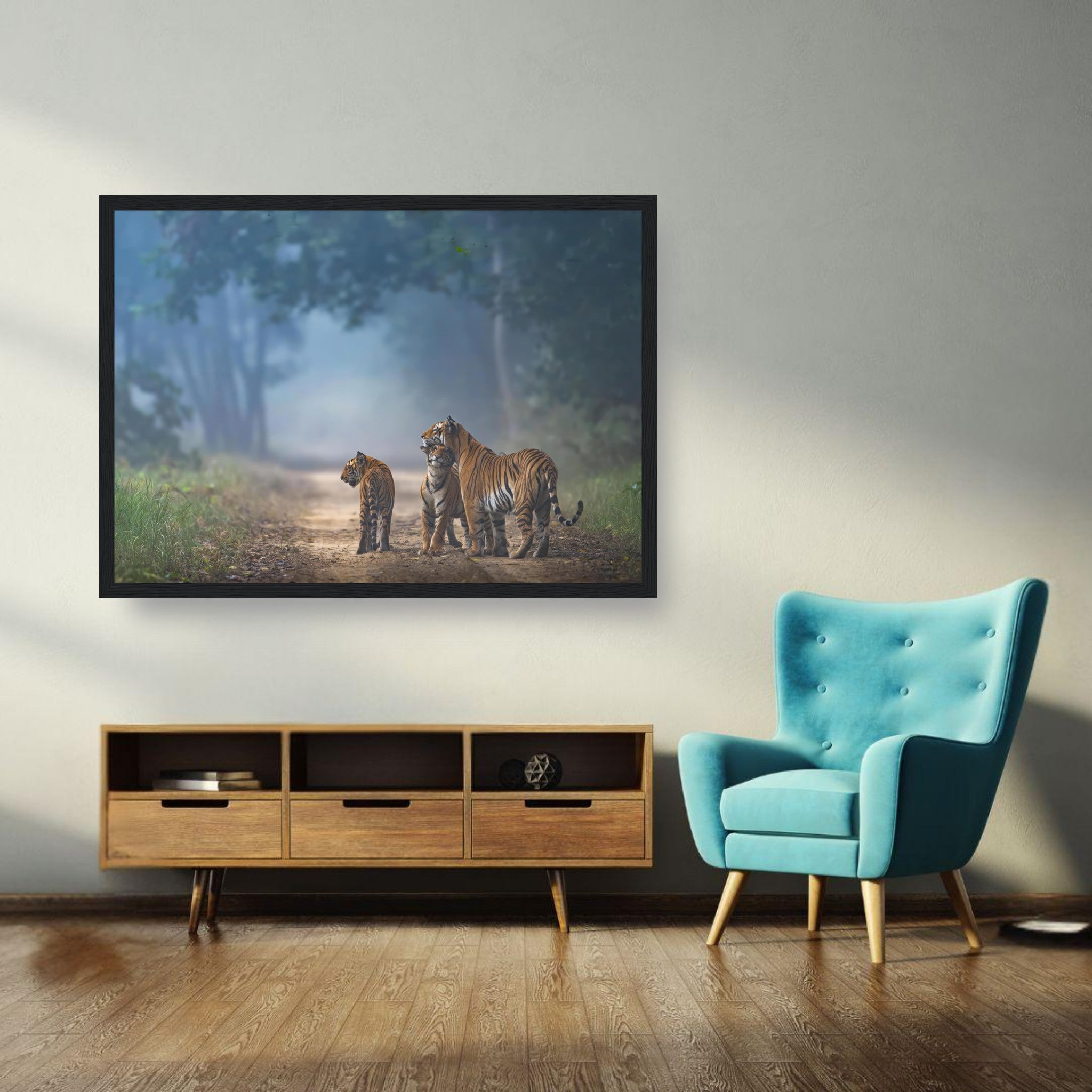 Framed print of tigers walking on a misty forest pathway, enhancing home decor with wildlife beauty.