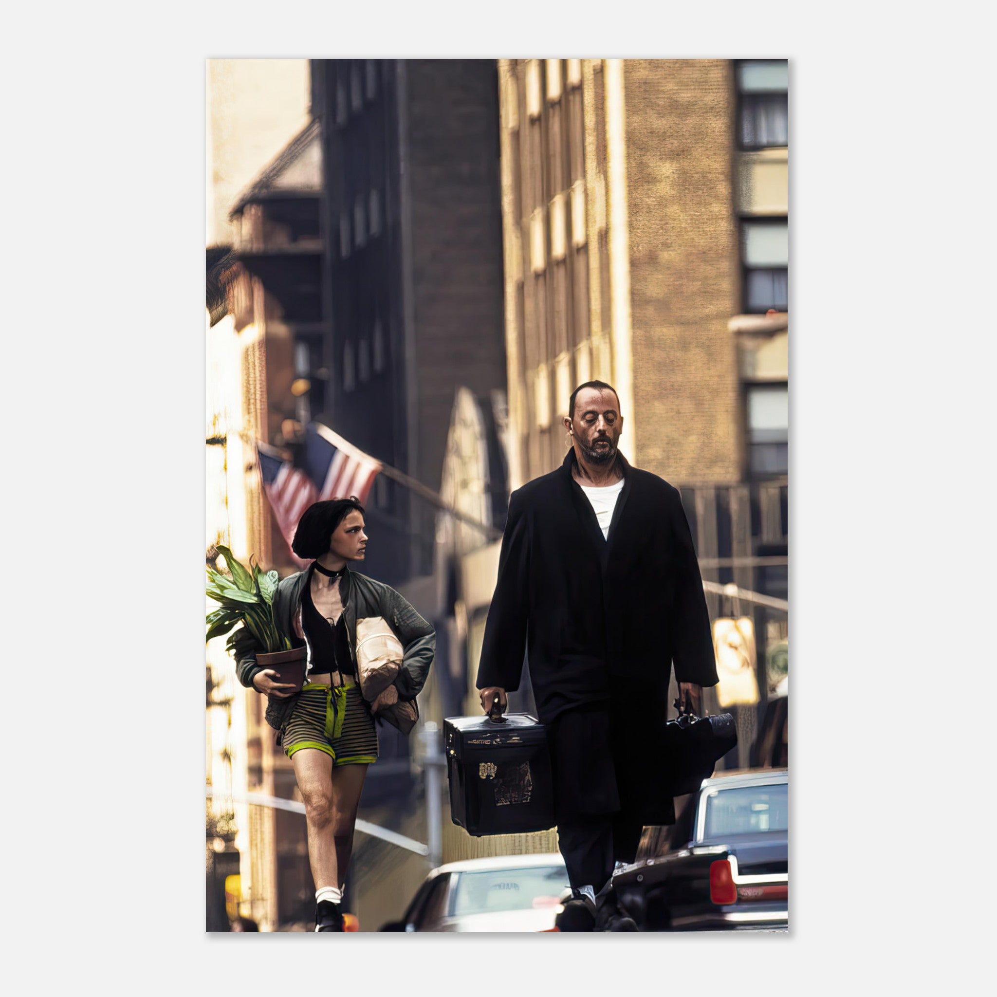 Jean Reno and Natalie Portman in iconic scene from *Leon: The Professional*, captured in high-quality metal print.