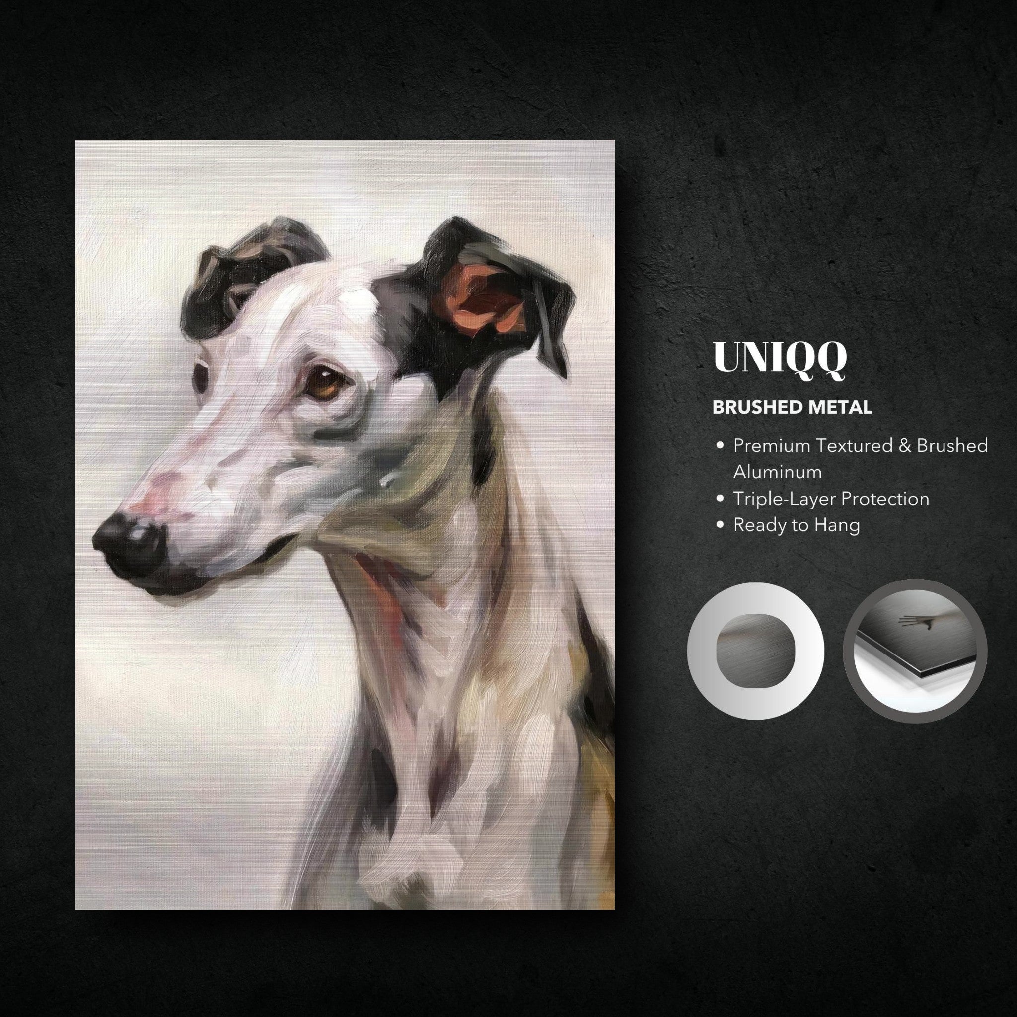 Greyhound dog painting on brushed metal, showcasing elegant brushstrokes and a modern design ready to hang.