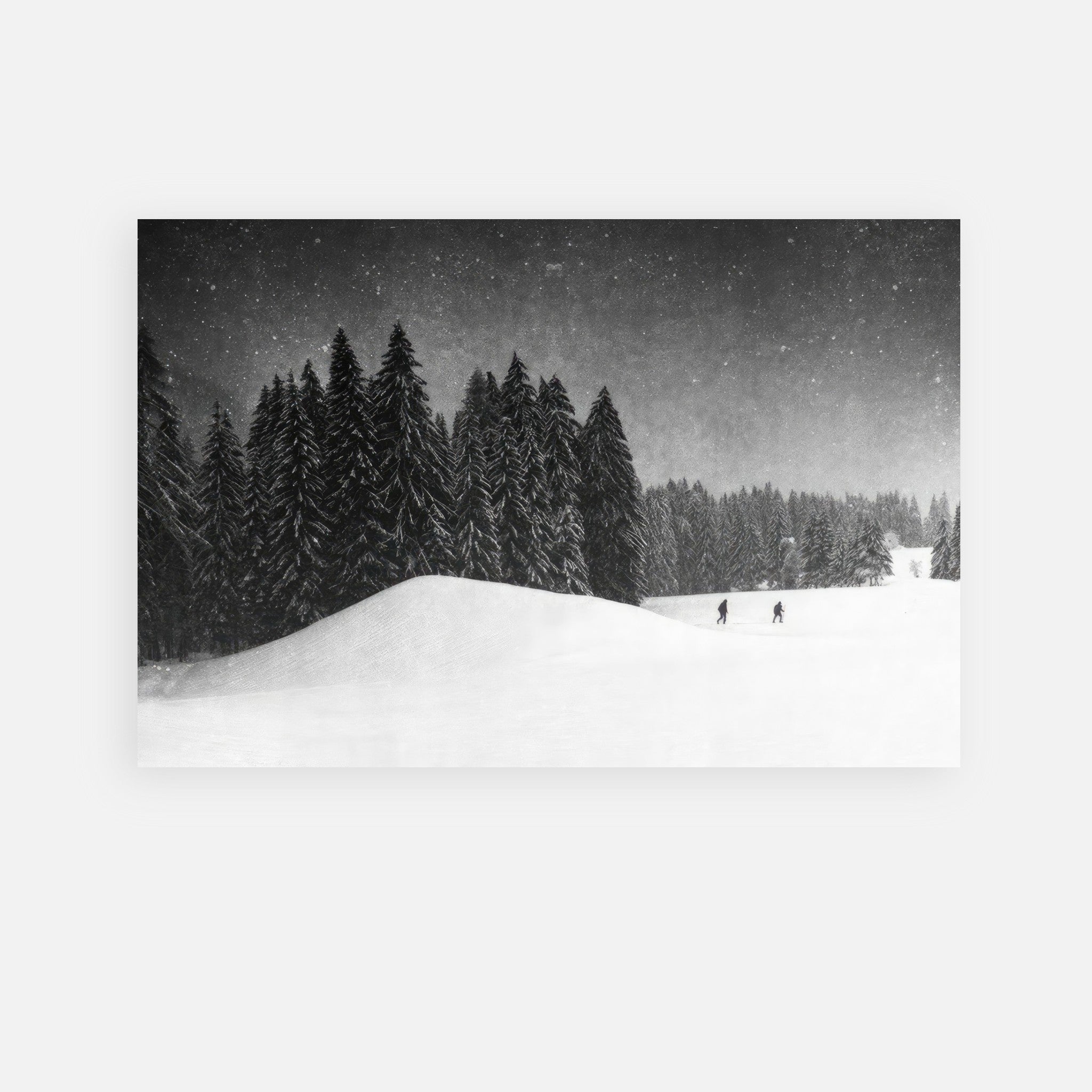 Winter Crossing metal print showing two figures in a snowy landscape with towering evergreen trees.