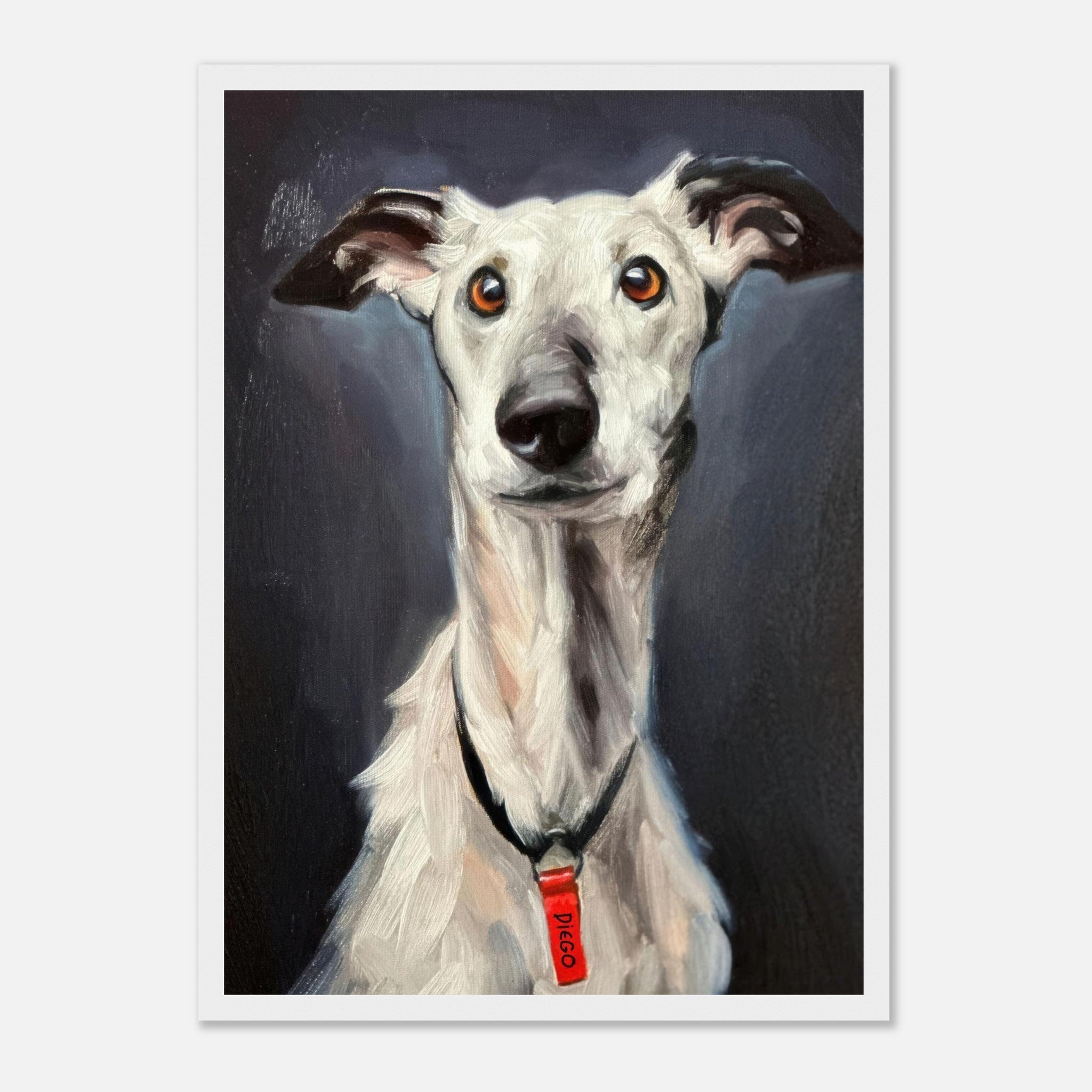 Framed print of a greyhound dog with soulful eyes and elegant posture, showcasing artistry and canine beauty.