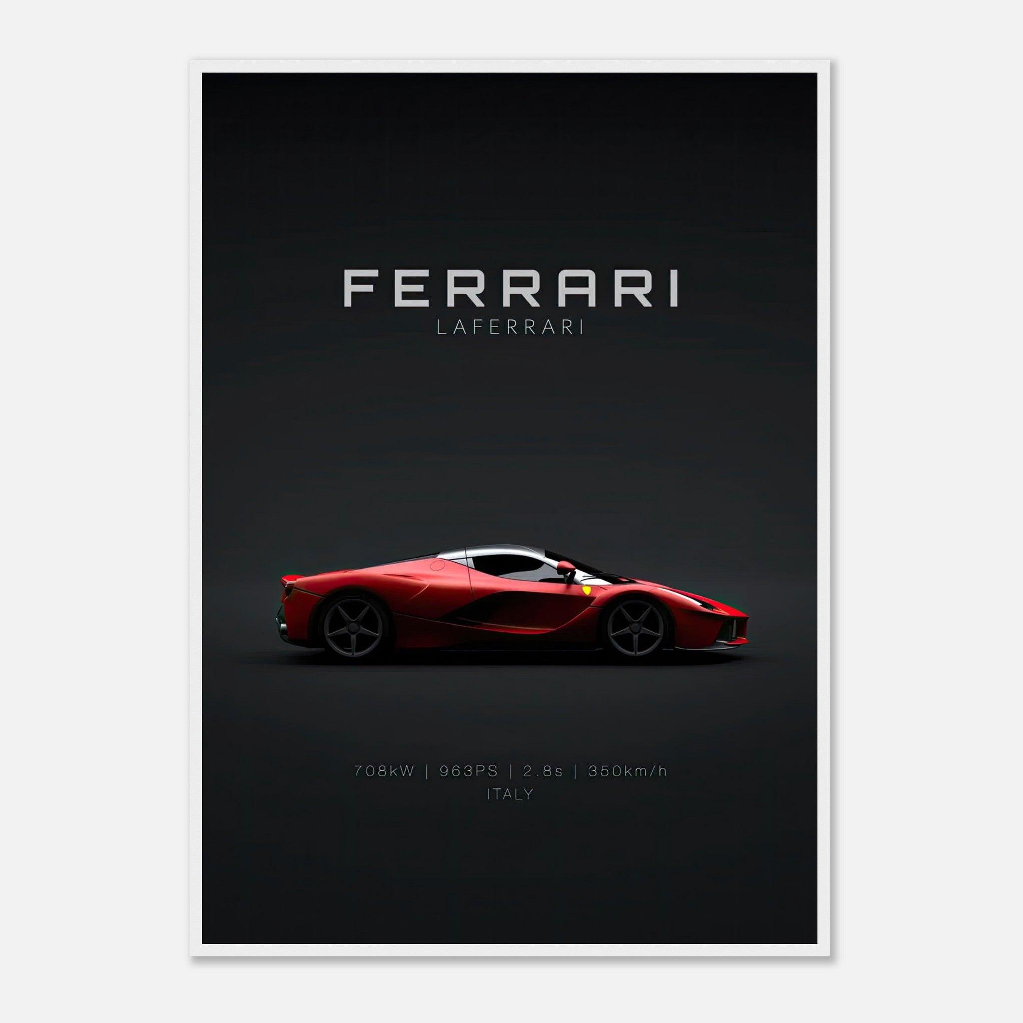 Ferrari Laferrari framed poster showcasing the iconic hypercar in red against a black background.