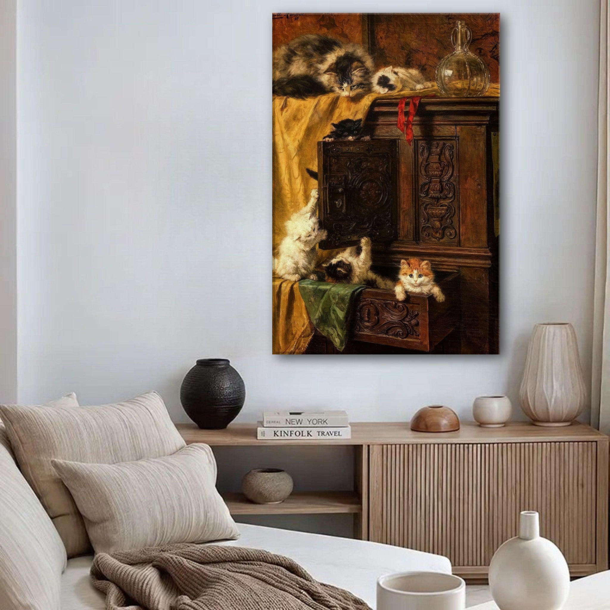 Vintage cat painting canvas print featuring playful kittens exploring a wooden cabinet in warm tones.