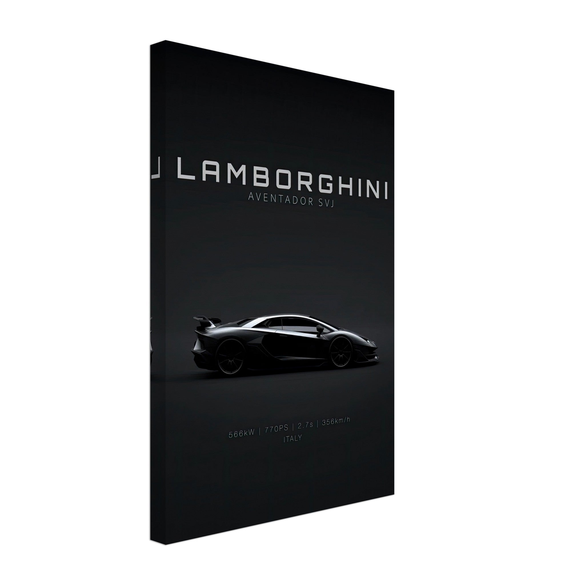 Lamborghini Aventador SVJ canvas wall art on a minimalist black background, highlighting its sleek design.