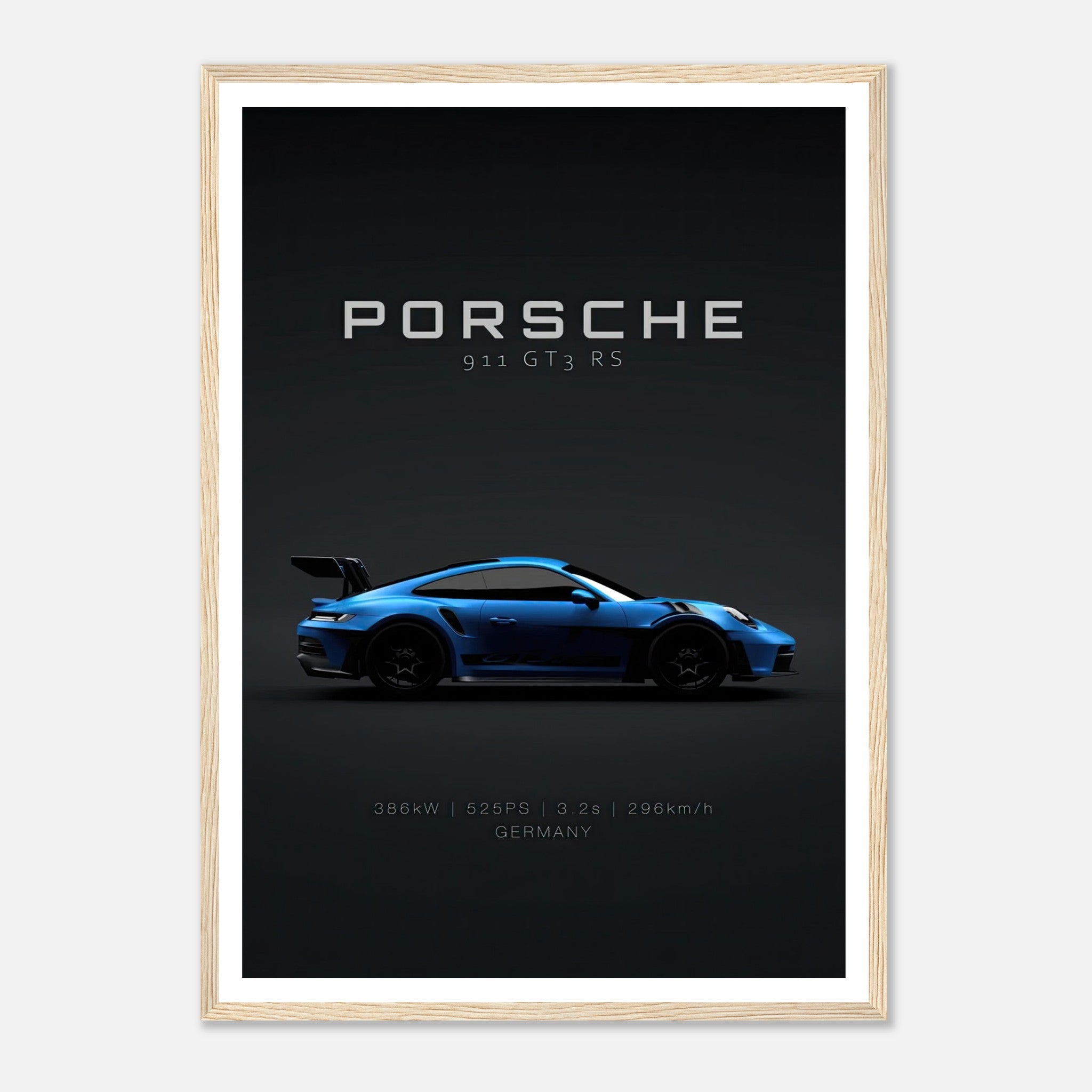 Framed poster of Porsche 911 GT3 RS showcasing its sleek design and performance specs on dark background.