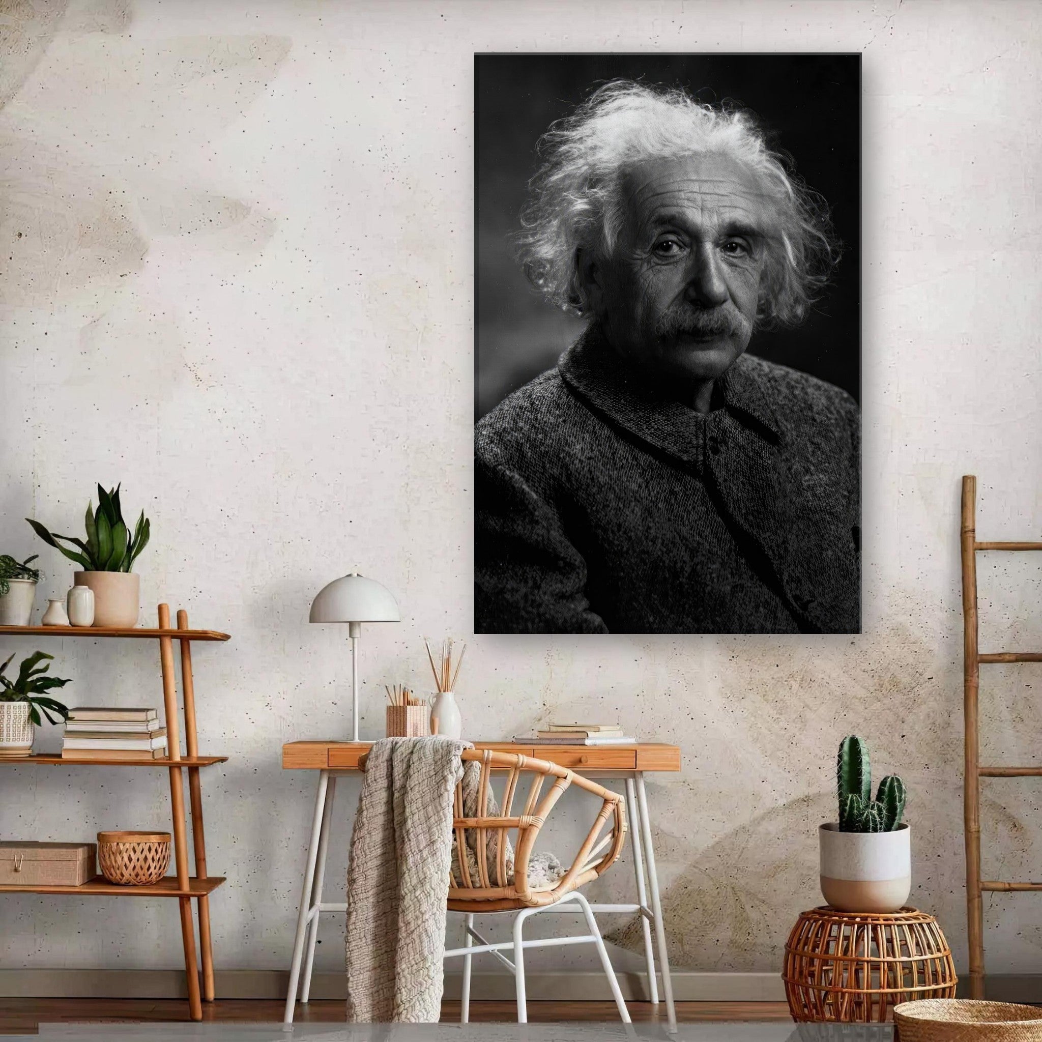 Black and white canvas print of Albert Einstein, showcasing intelligence and curiosity, perfect for home or office decor.