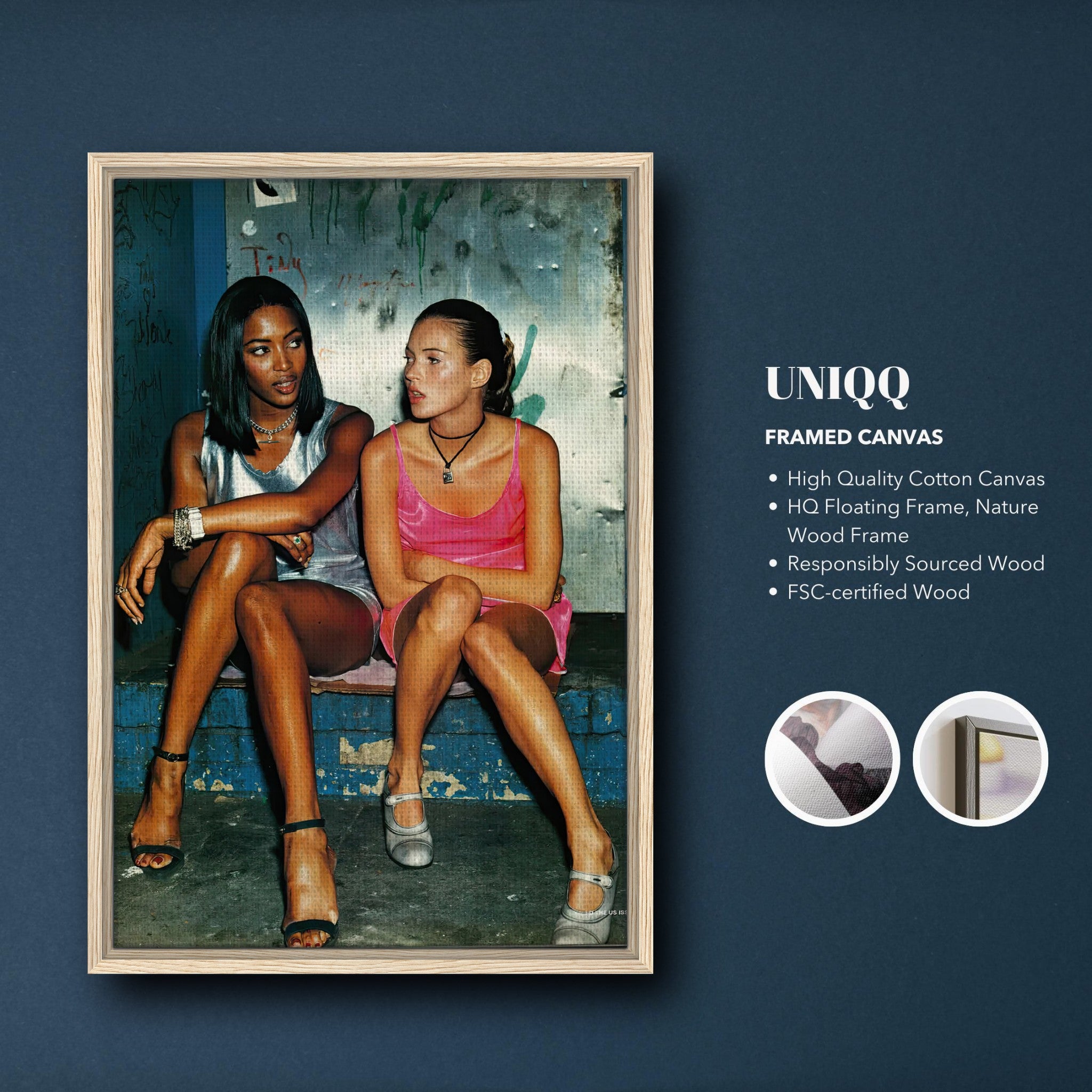 Framed canvas print of Naomi Campbell and Kate Moss capturing 90s supermodel glamour and style.