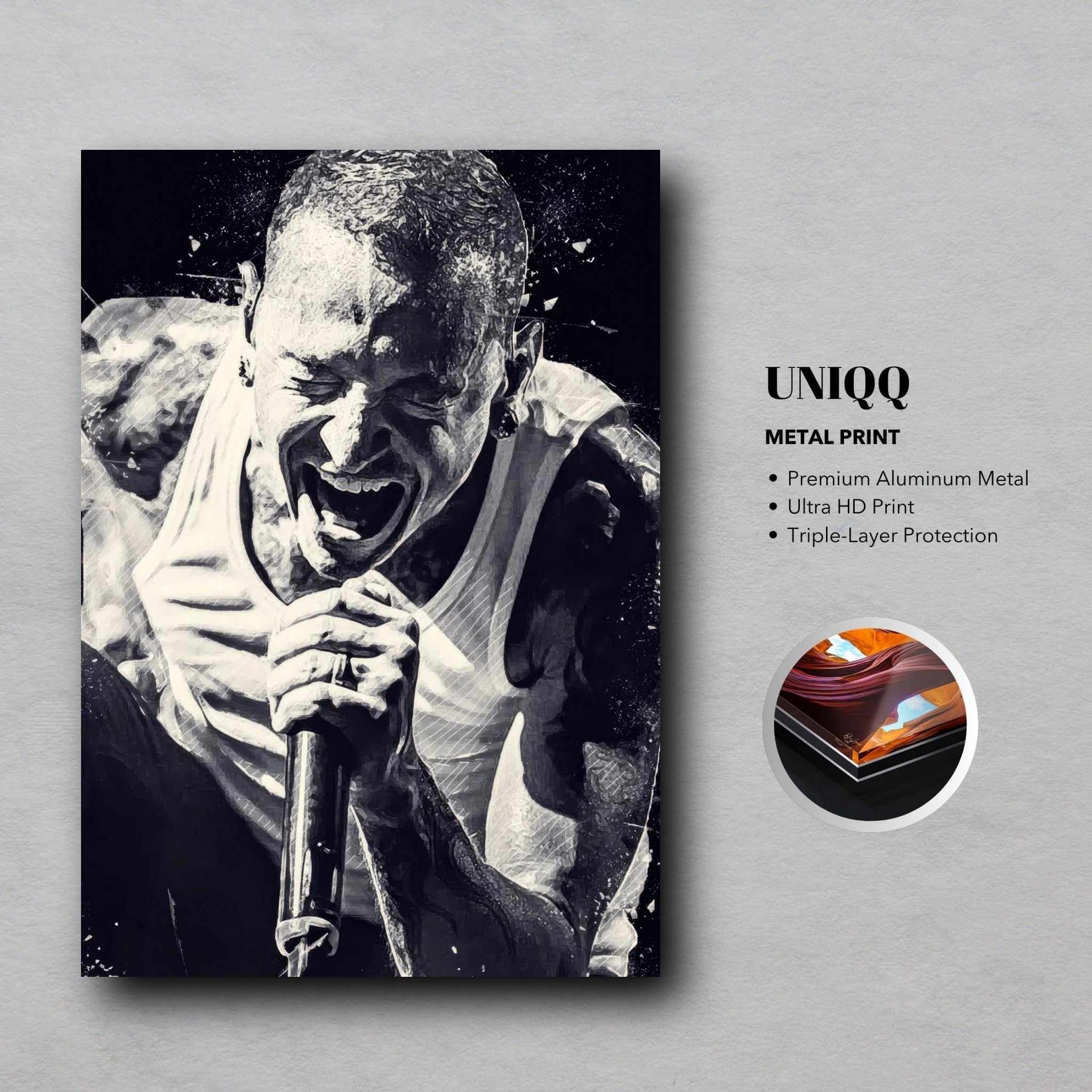 Chester Bennington metal print showcasing a dynamic black-and-white portrait of the iconic Linkin Park frontman.