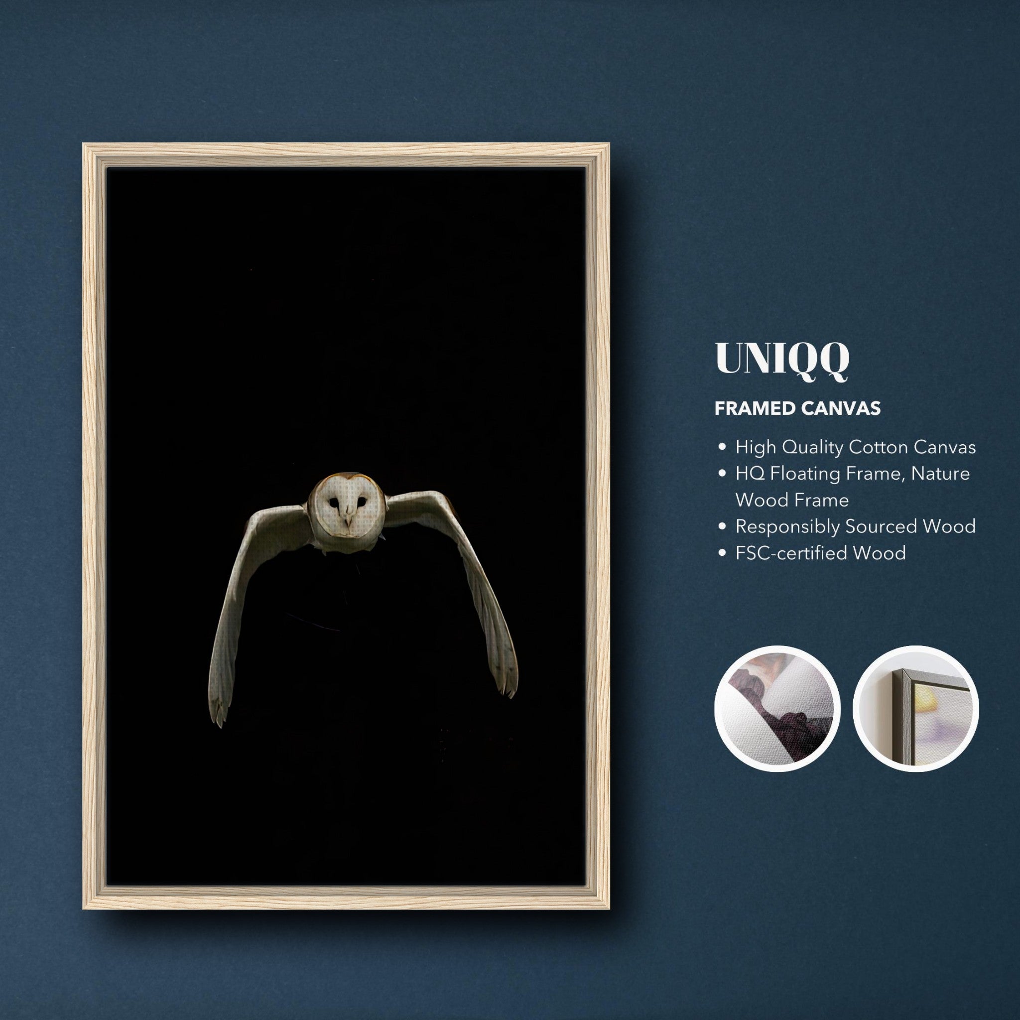 Owl Framed Canvas artwork featuring a majestic owl in flight against a black backdrop, showcasing elegance and detail.
