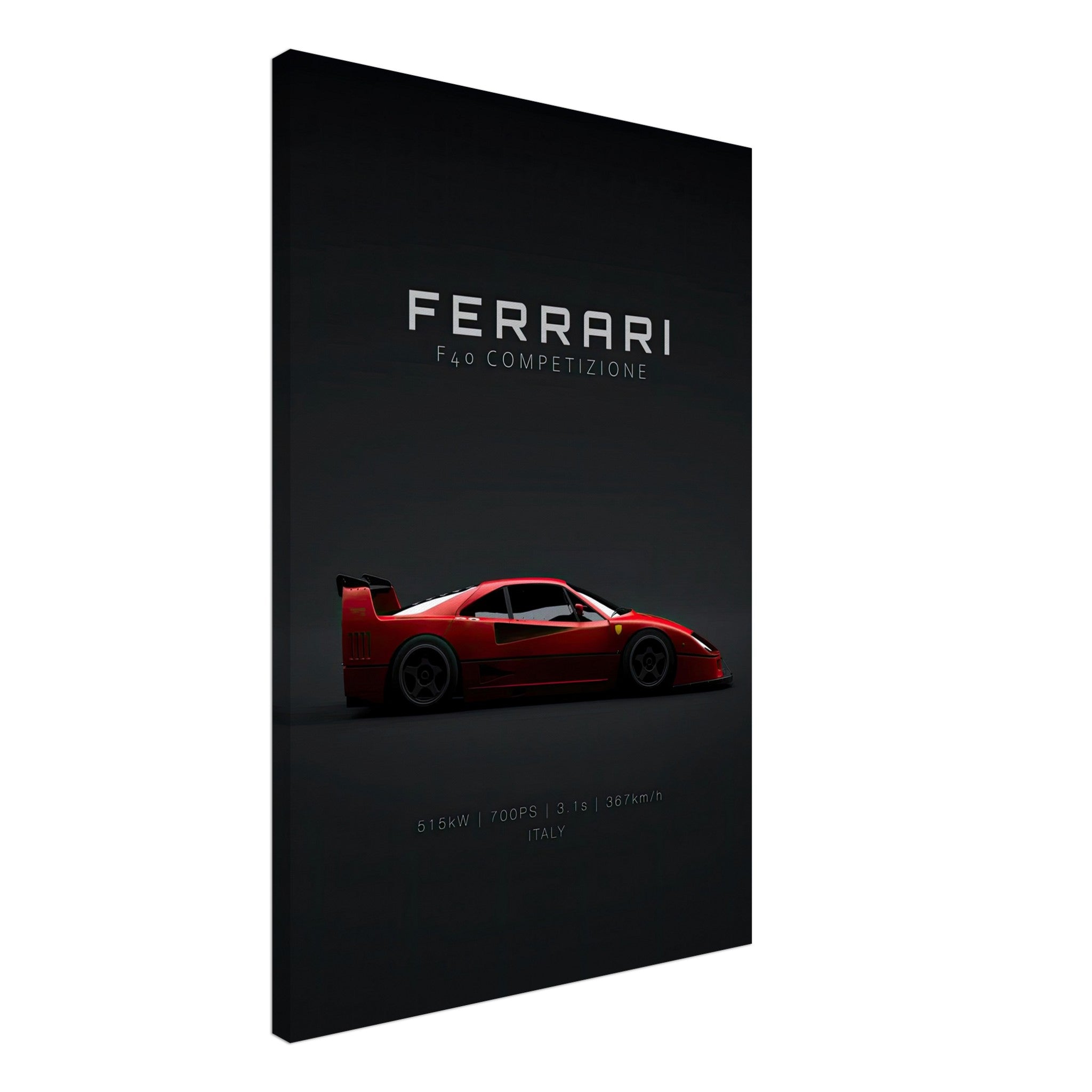 Ferrari F40 Competizione canvas art featuring a sleek red supercar on a minimalist black background.