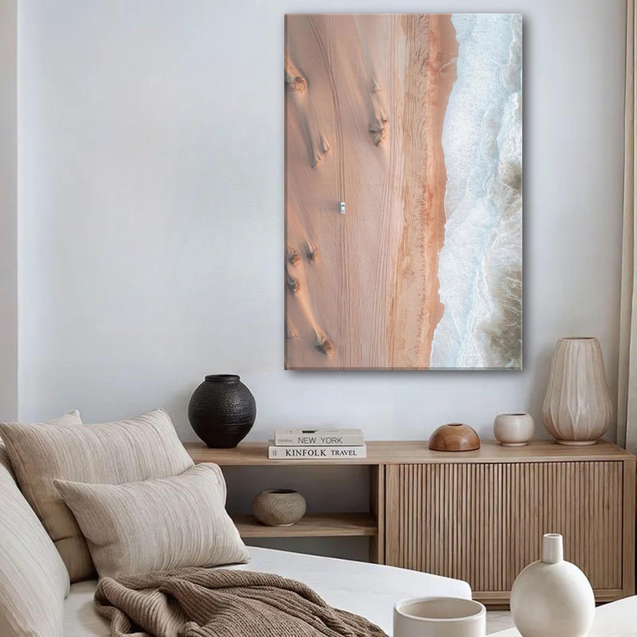 Drone photography canvas print of desert and ocean merging, showcasing stunning aerial landscape in cozy room decor.