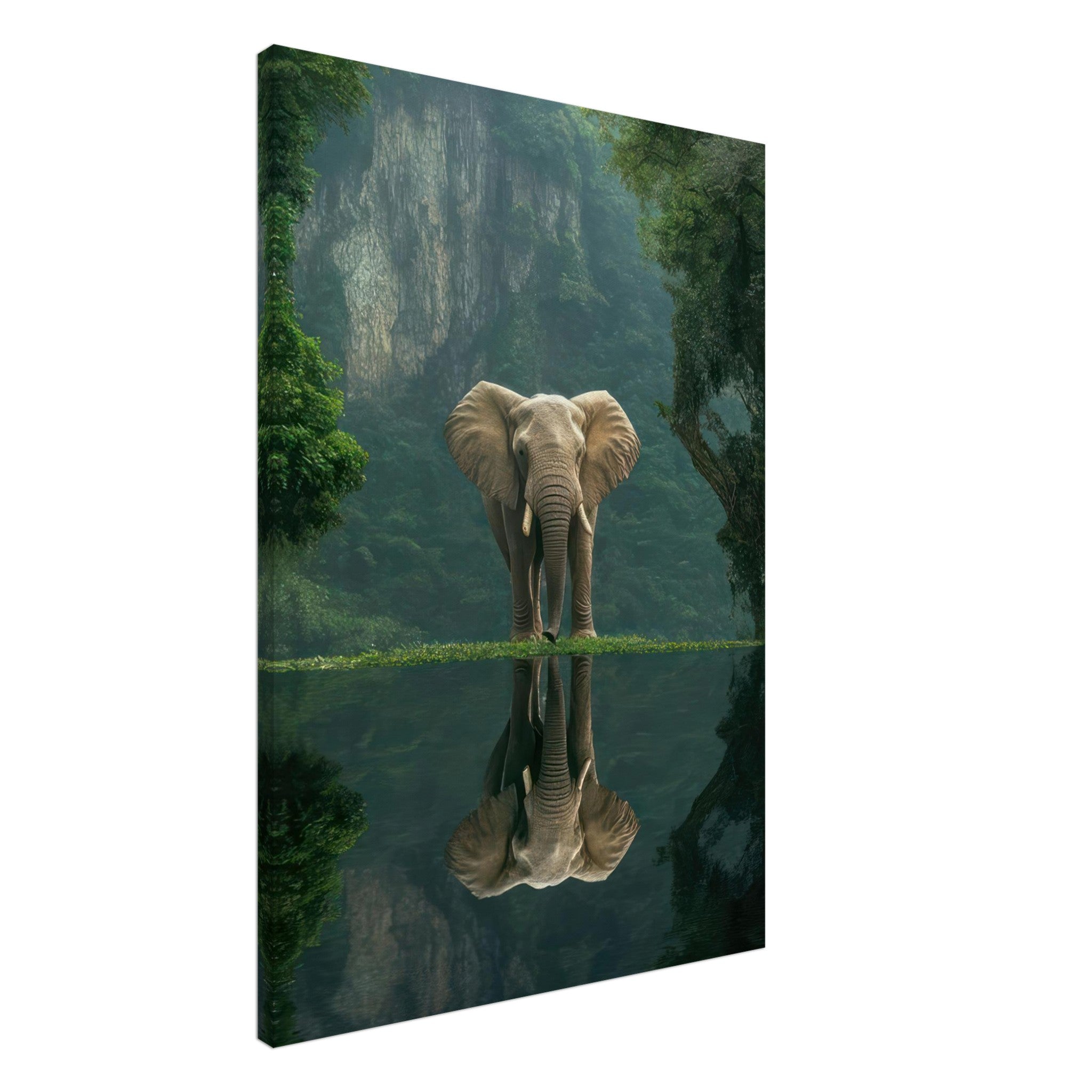 Jungle Elephant Portrait canvas print featuring an elephant by a serene reflective pool in a lush jungle setting.