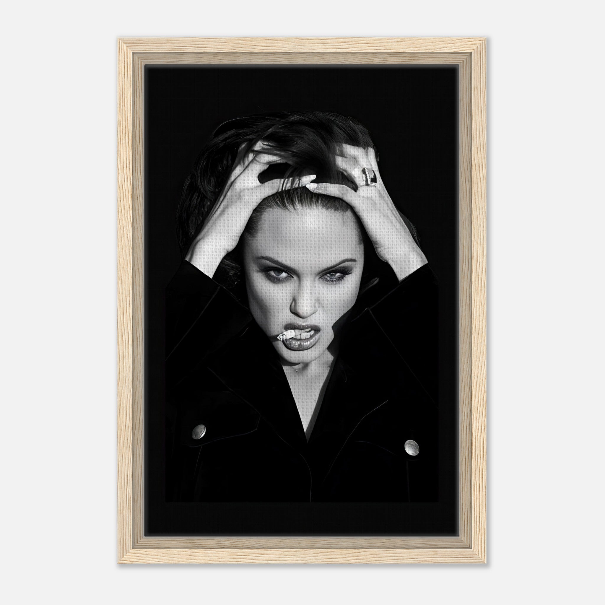 Angelina Jolie Smoking framed canvas print showcasing elegance and rebellion in stylish black and white art.