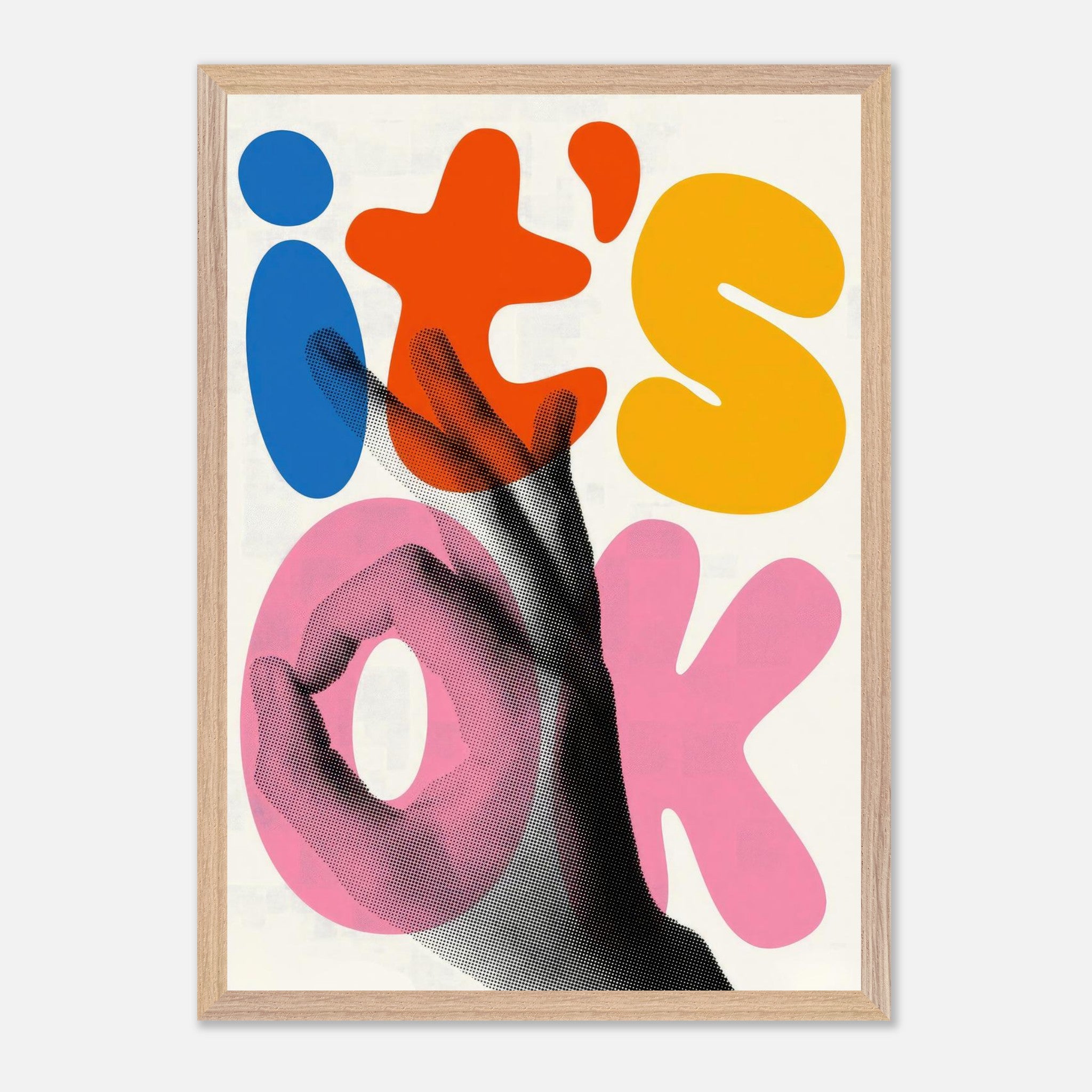 It's Ok Retro Abstract Pop Art print featuring vibrant colors and hand gesture in a vintage frame.
