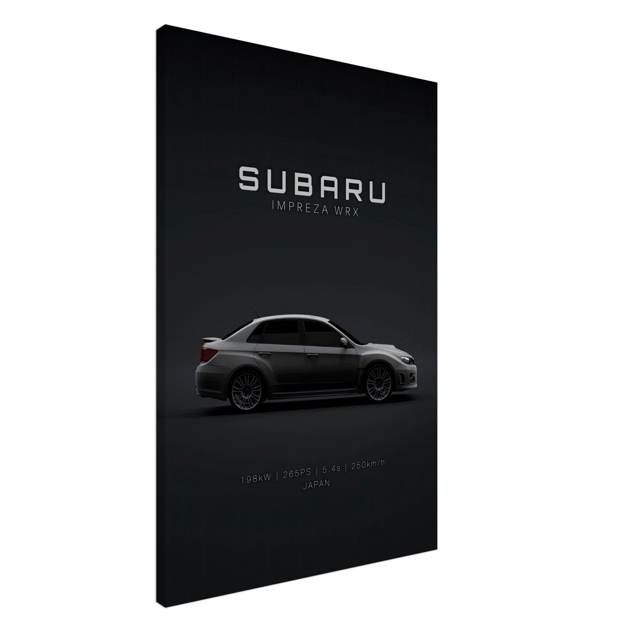 Subaru WRX canvas wall art featuring sleek side view on a modern black backdrop.