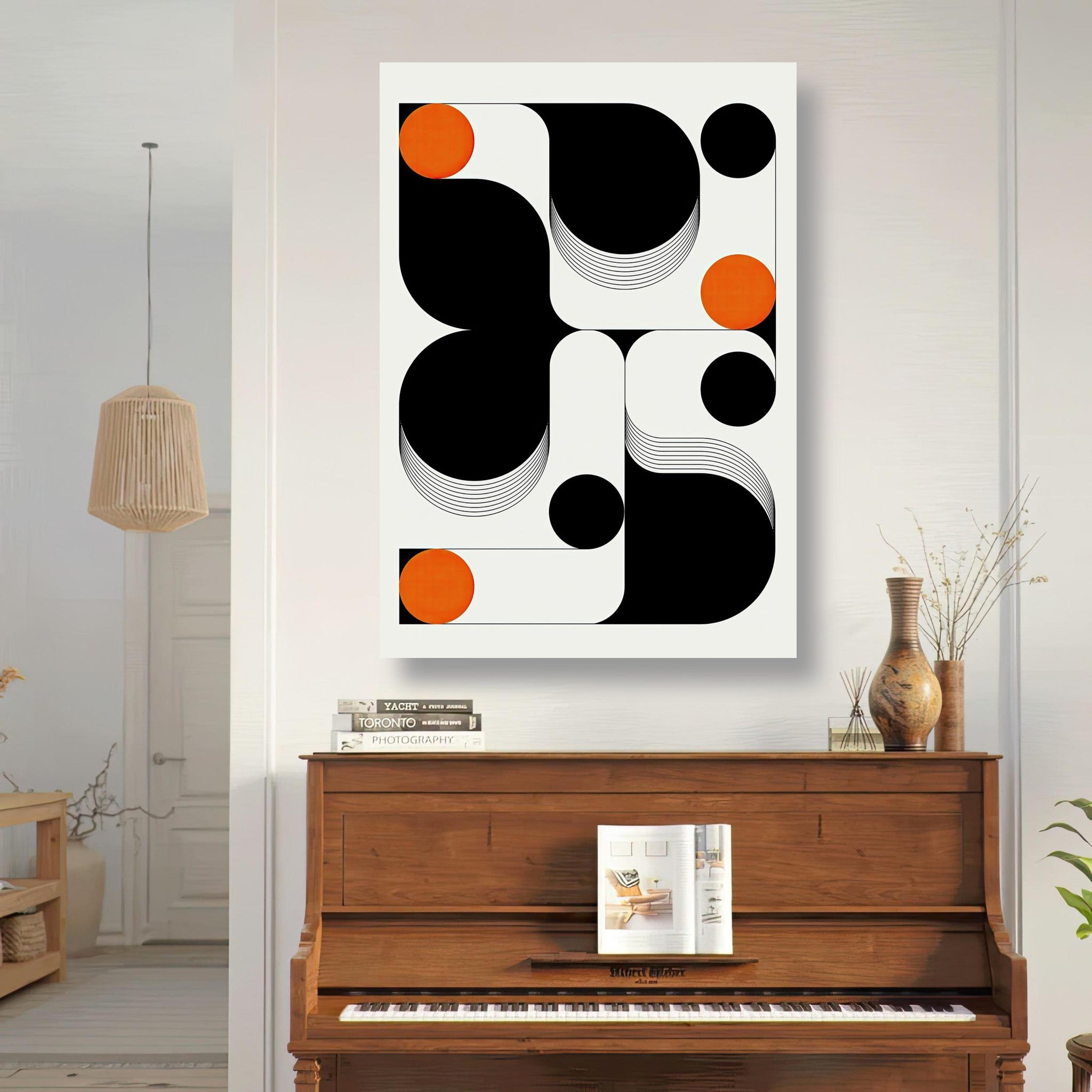 Modern geometric abstract art metal print showcasing black, white, and vibrant orange tones in a stylish interior.