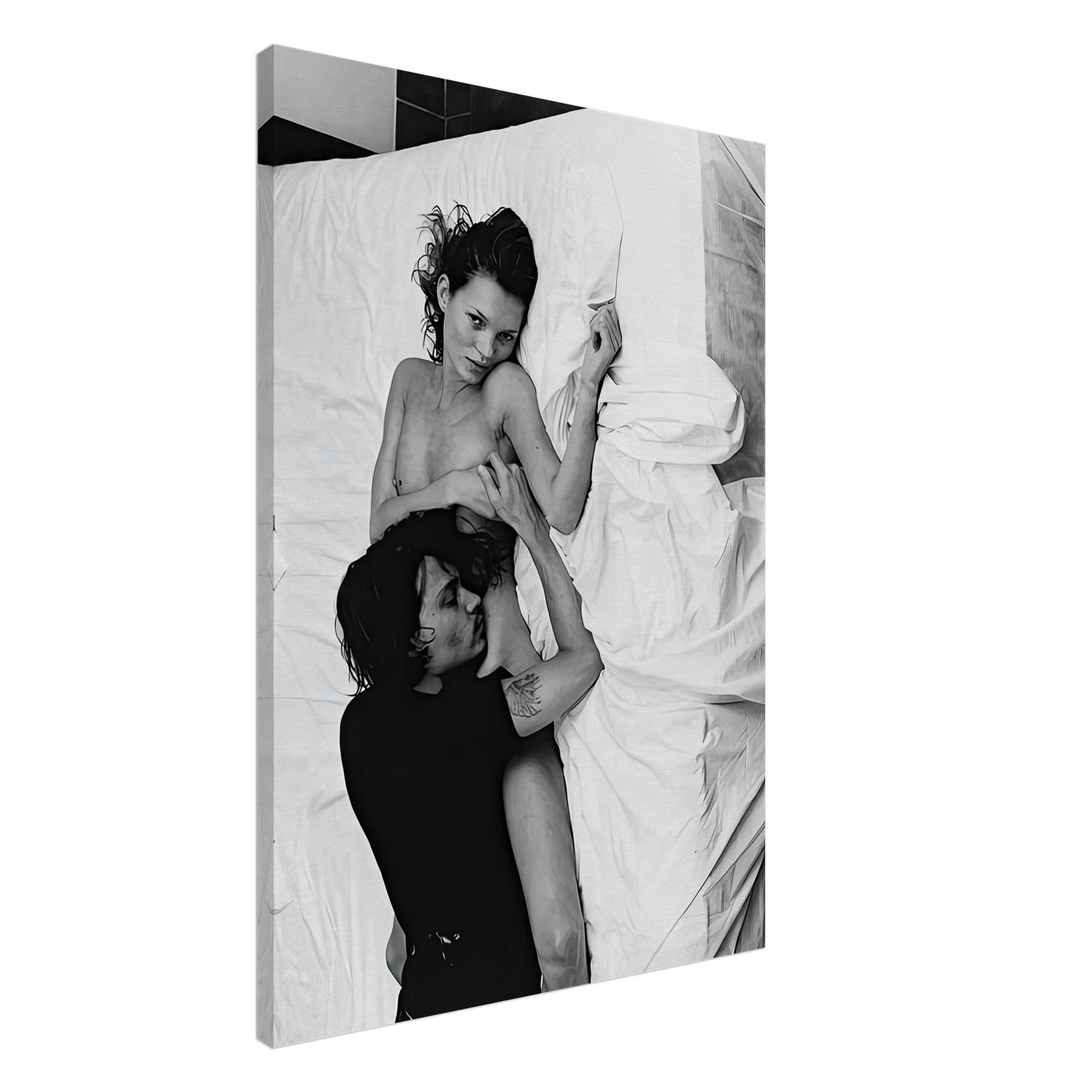 Black and white canvas print of Kate Moss and Johnny Depp in intimate pose, capturing 90s romance and glamour.
