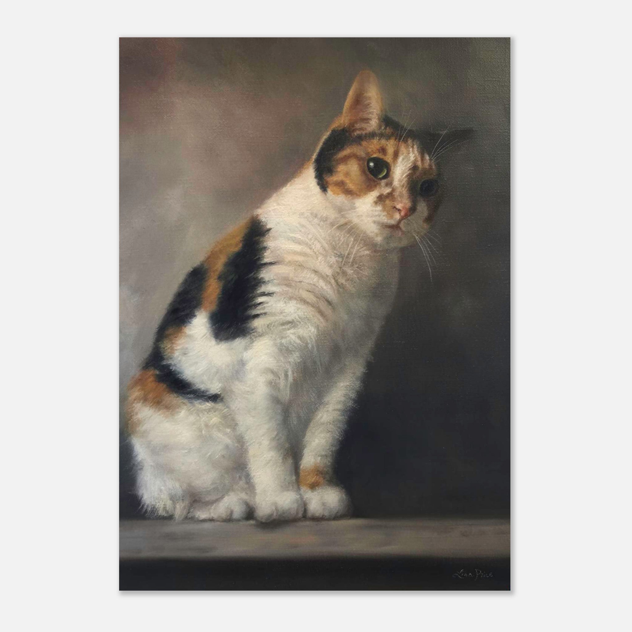 Realistic cat portrait painting poster showcasing a beautifully detailed depiction of a calico cat.