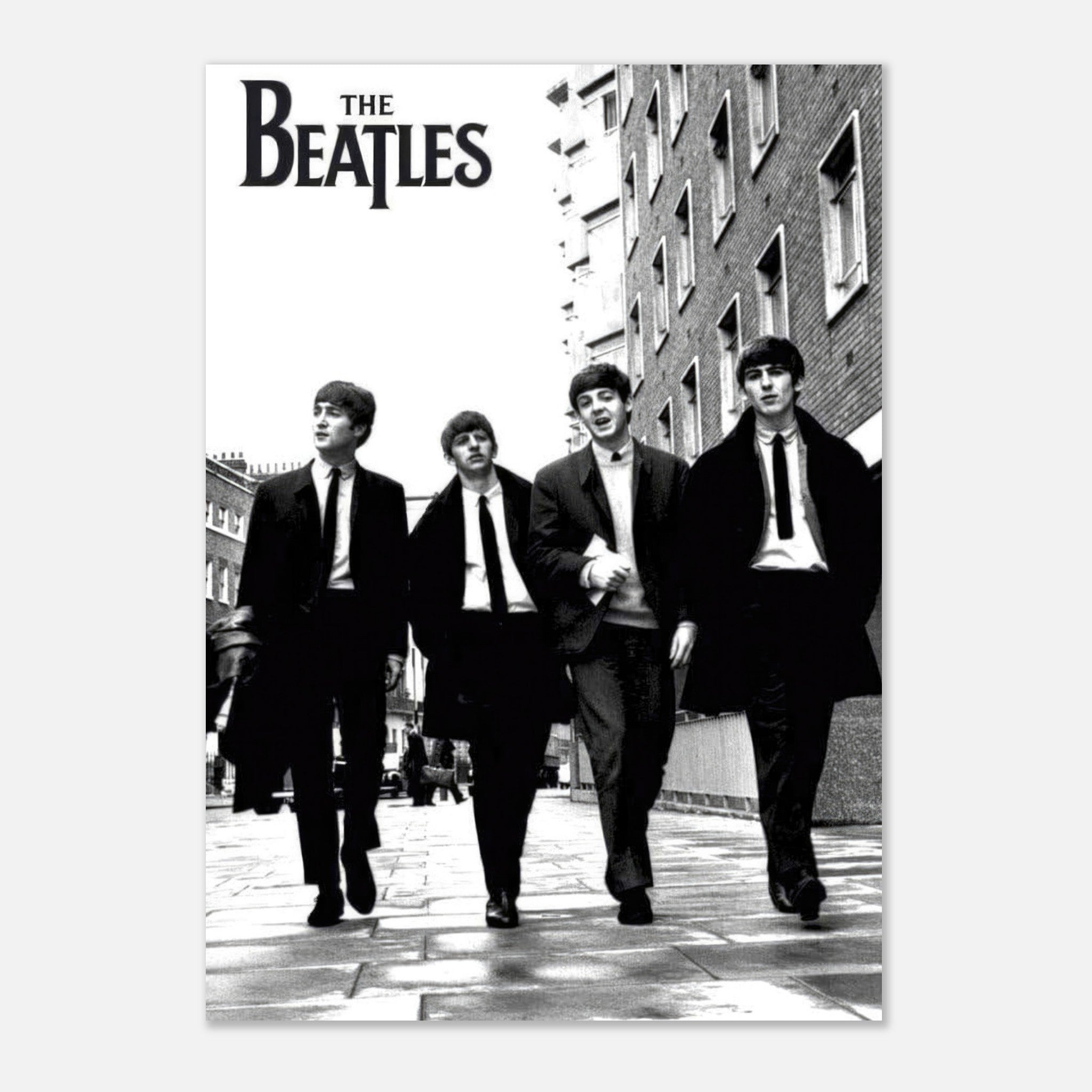 The Beatles Cover Poster featuring a black and white image of the iconic band walking together.