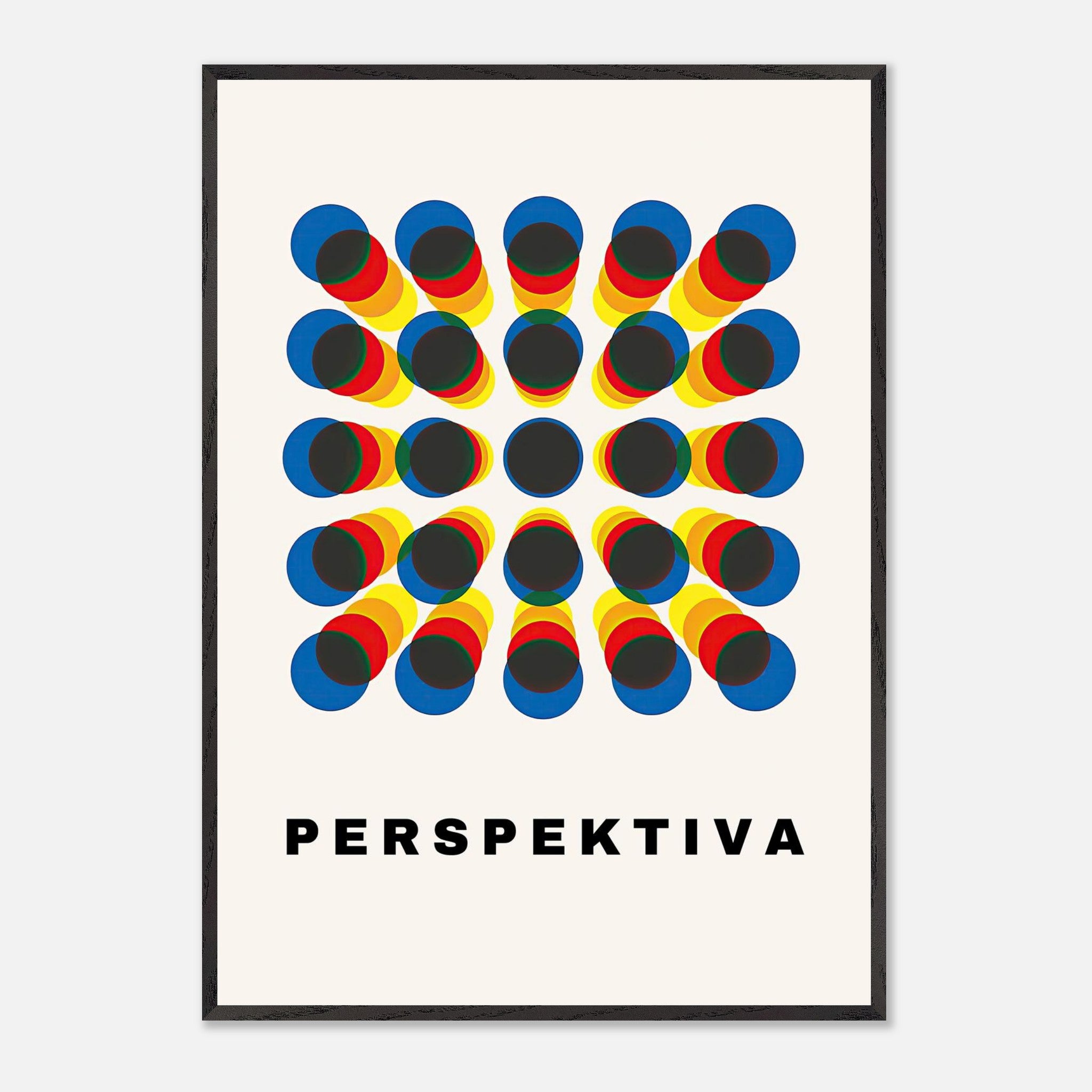 Perspective abstract art print with geometric shapes in blue, yellow, and red, titled 'PERSPEKTIVA'.