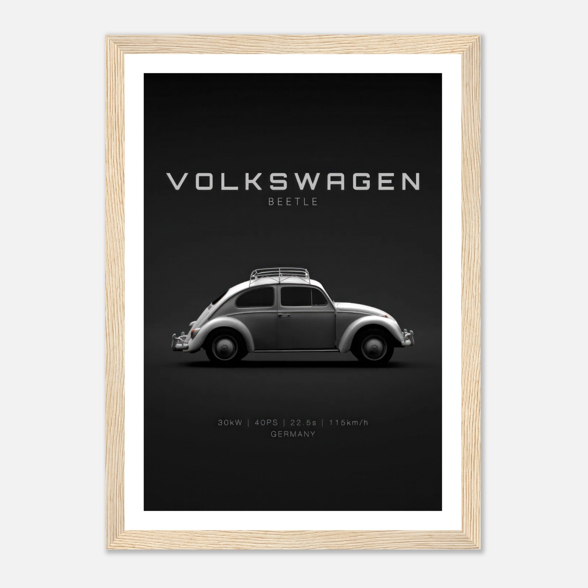 Framed poster of a side profile Volkswagen Beetle on minimalist black background, celebrating vintage automotive design.
