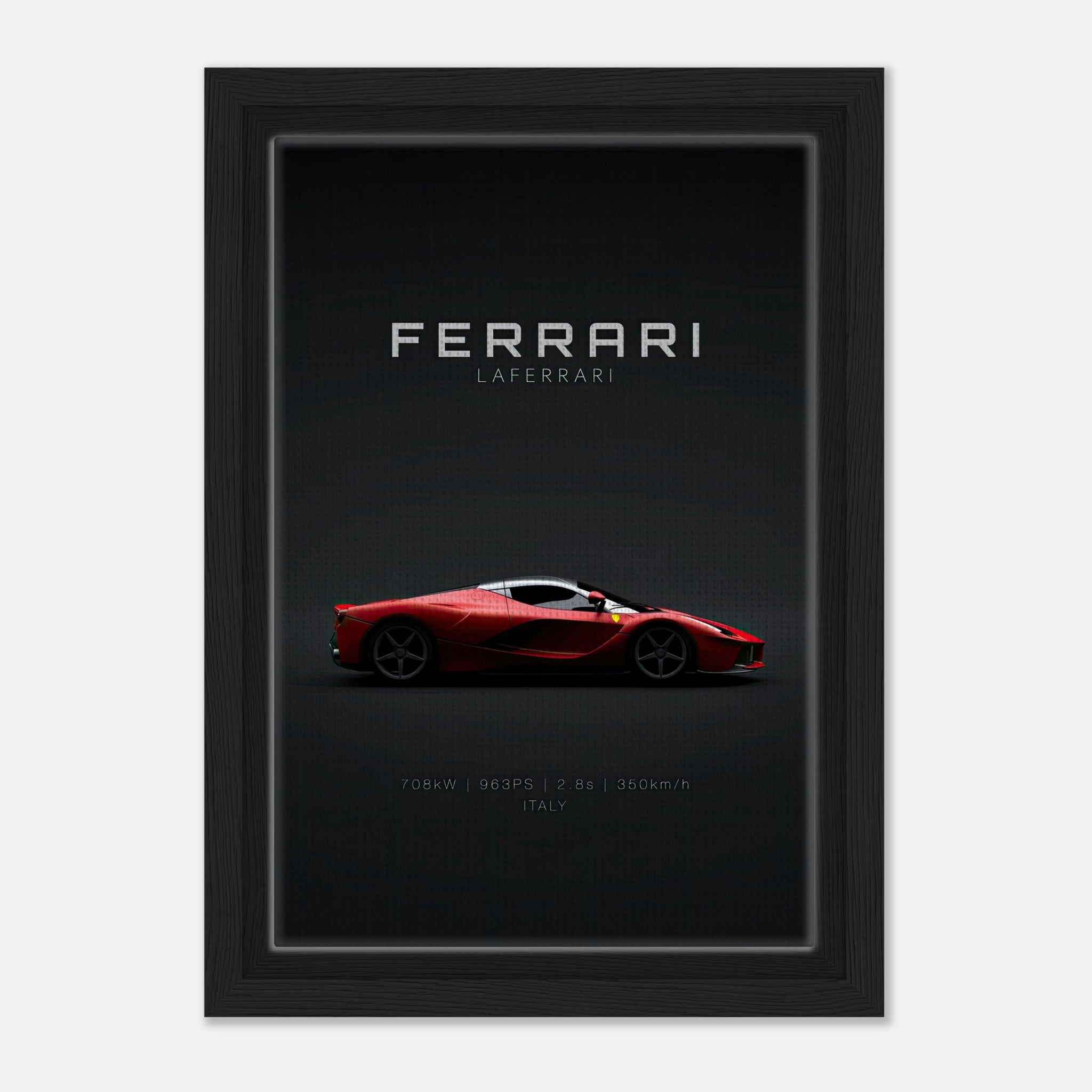 Ferrari Laferrari framed canvas art showcasing sleek design against a black backdrop, perfect for car enthusiasts.