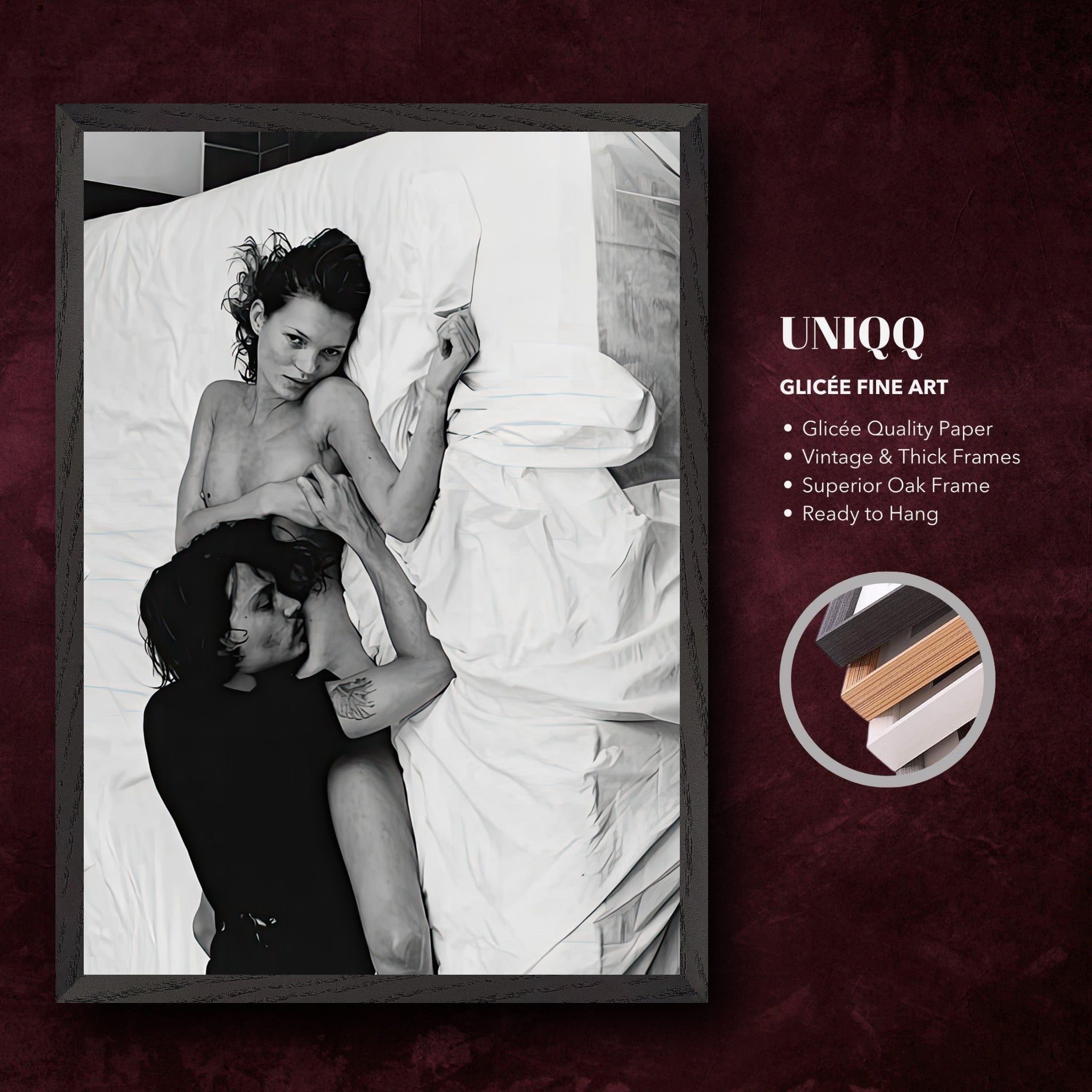 Fine art print of intimate moment featuring couple on bed, framed in oak, ready to hang, showcasing Giclée quality.