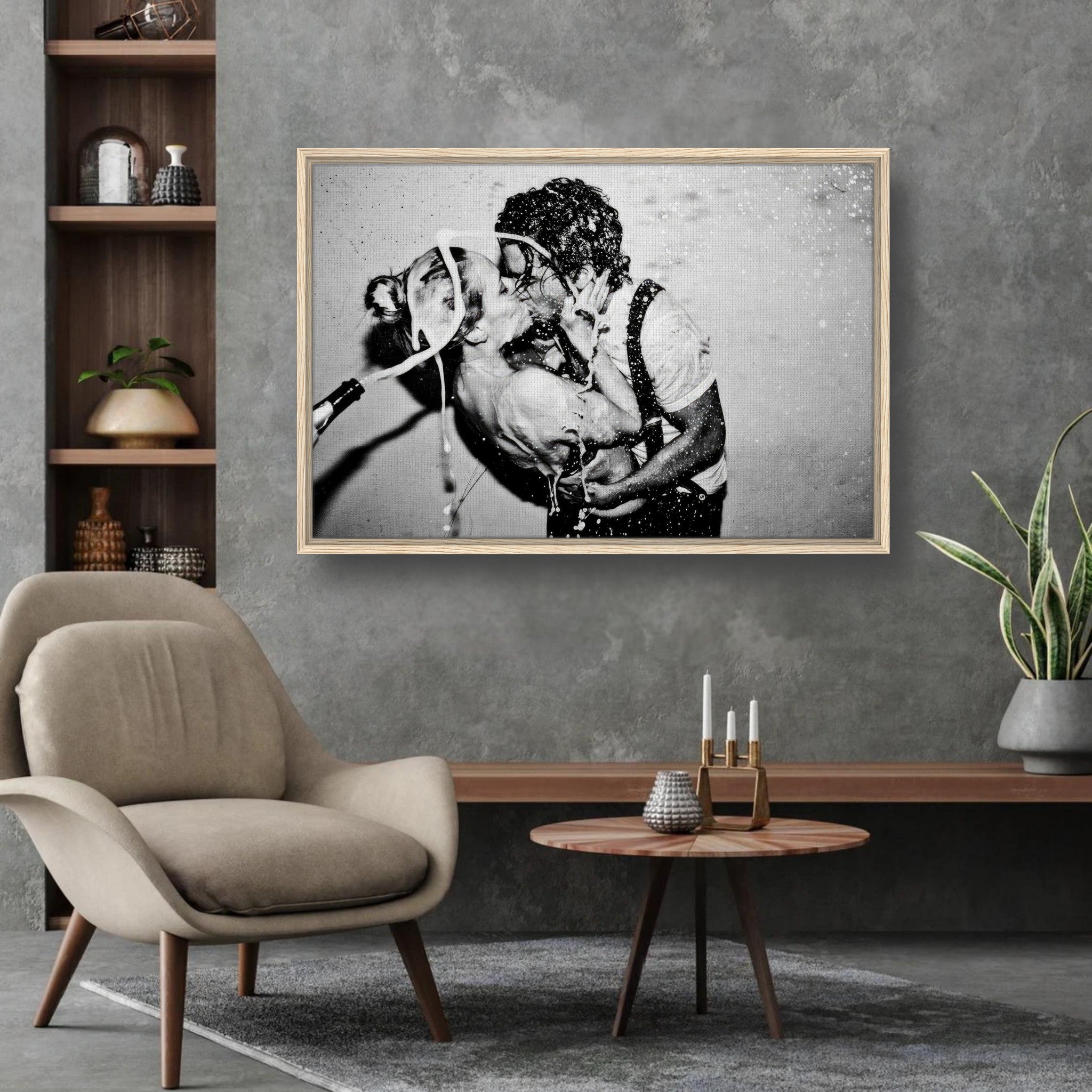 Framed canvas print of Johnny Depp and Kate Moss sharing a passionate kiss, captured in black-and-white by Tyler Shields.
