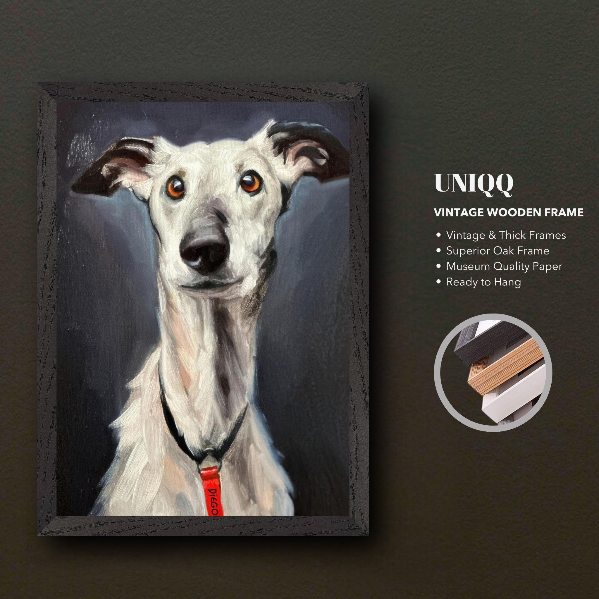 Vintage Greyhound dog painting in a thick oak frame, showcasing noble expression and ready to hang.