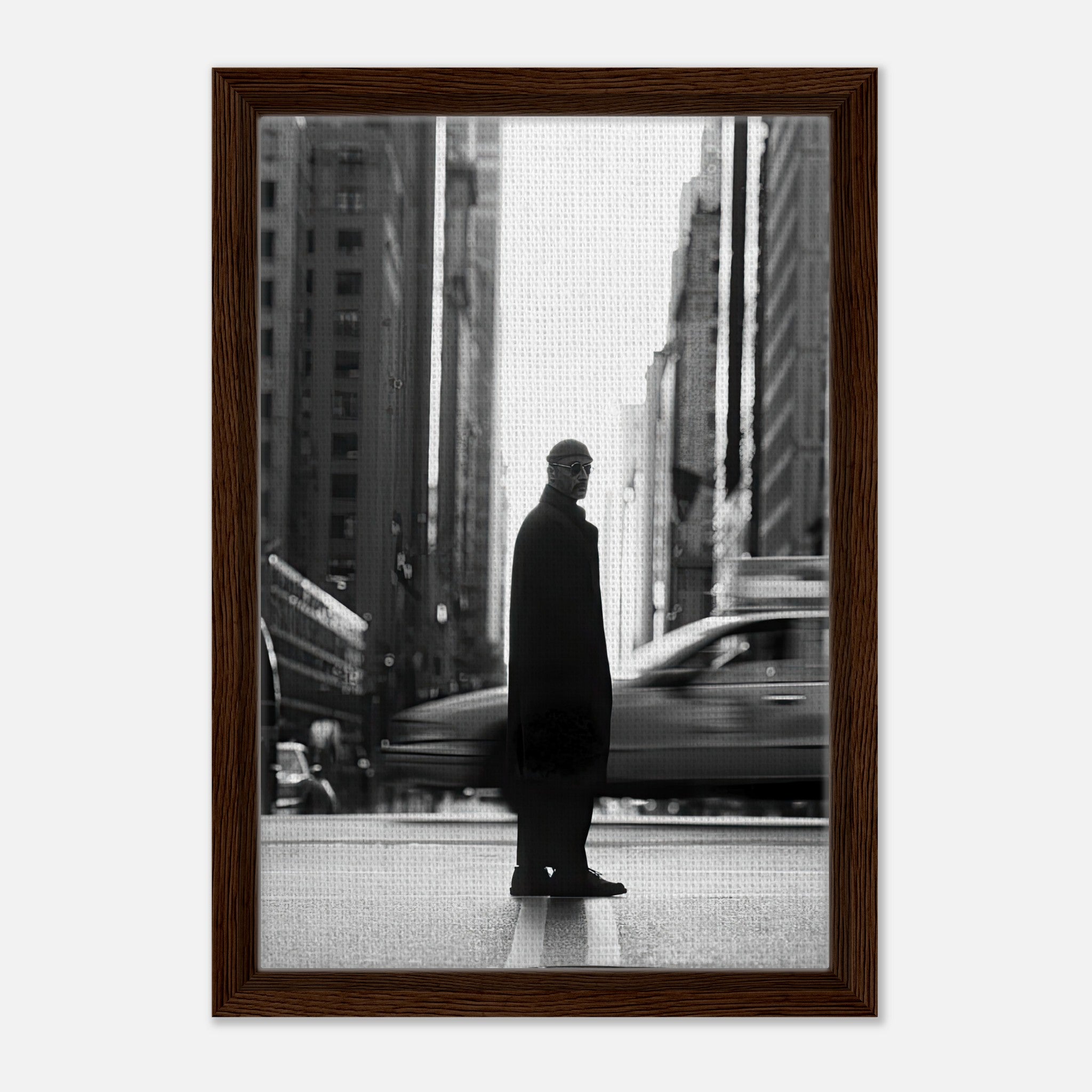 Framed canvas of Jean Reno as Leon in New York, black-and-white urban scene with a classic cinematic vibe.