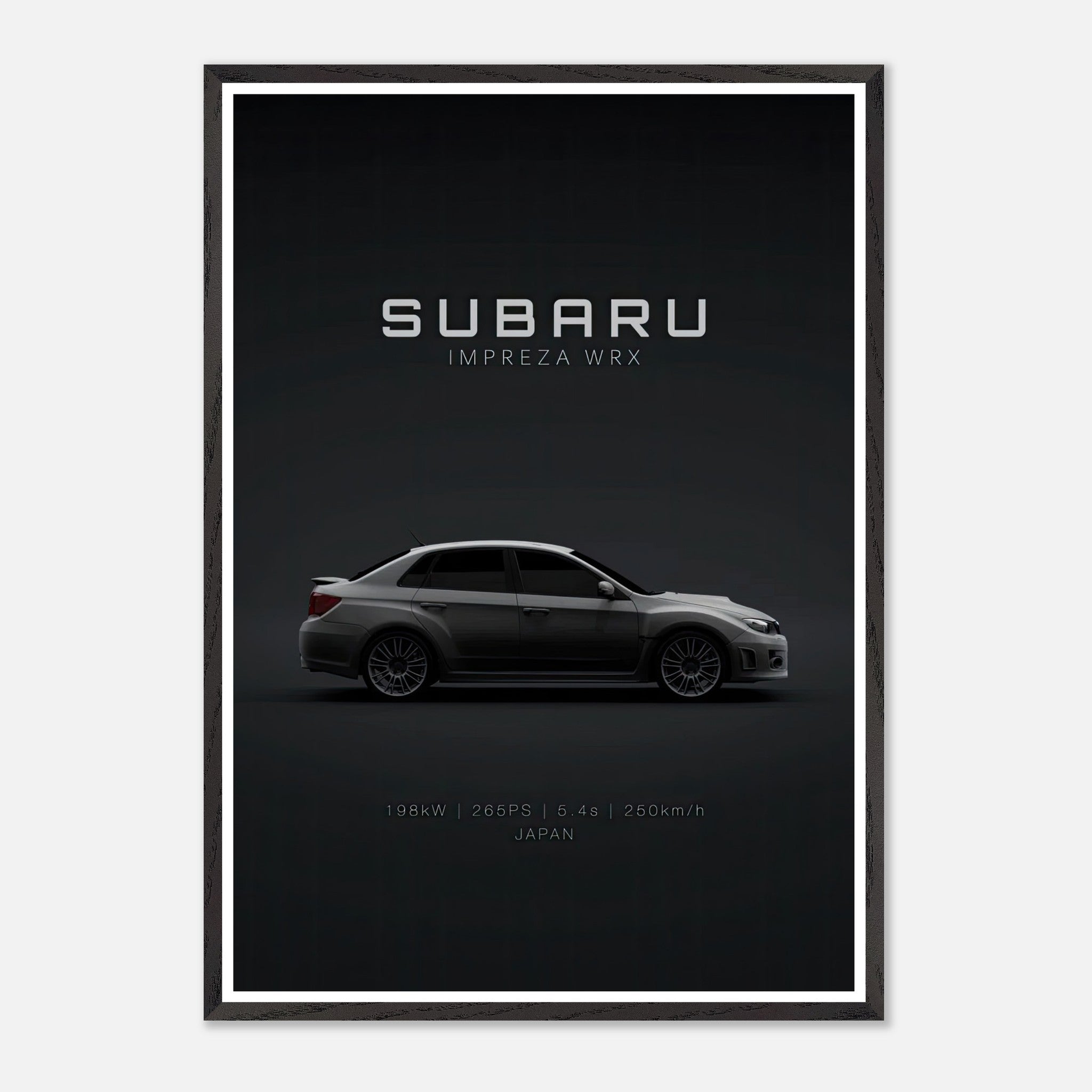 Subaru WRX vintage framed art showcasing the iconic Impreza WRX in sleek profile against a minimalist backdrop.